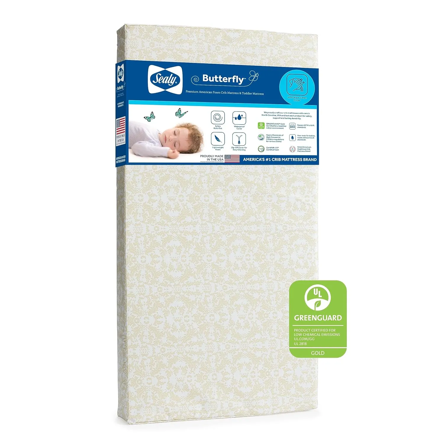 Sealy Baby Butterfly Posture Support Crib Mattress Plus Toddler Bed Fit, GREENGUARD Gold Certified, Made in USA, Premium American Foam, Non Toxic, Safety & Quality Tested, Made in USA, 52"X28"