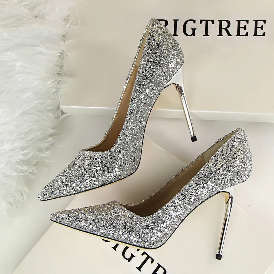 Sequin Pointed High Heel Shoes