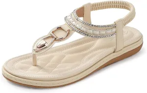 SHIBEVER Womens Sandals Dressy Summer: Women Comfortable Walking Flat Bohemian T-Strap Ladies Casual Comfy Sandals