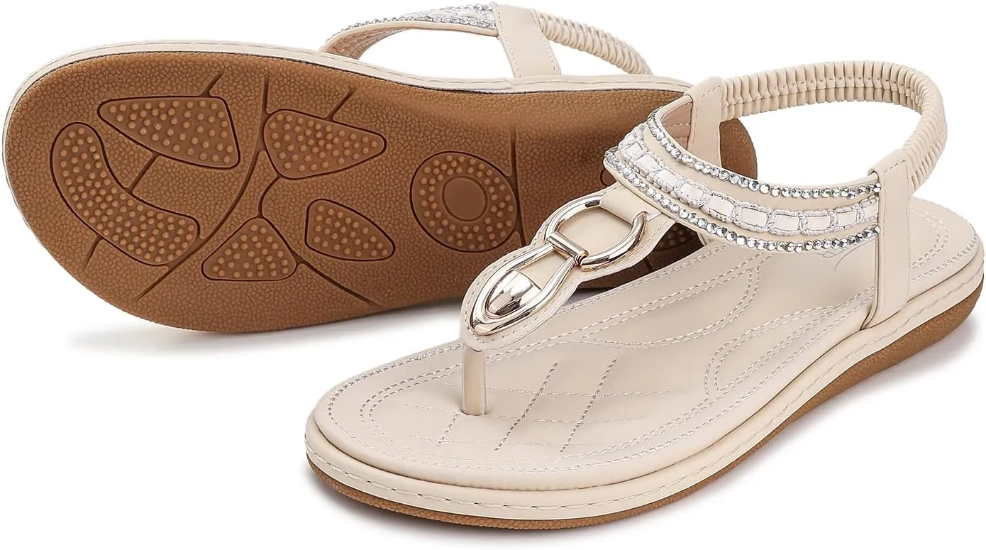 SHIBEVER Womens Sandals Dressy Summer: Women Comfortable Walking Flat Bohemian T-Strap Ladies Casual Comfy Sandals