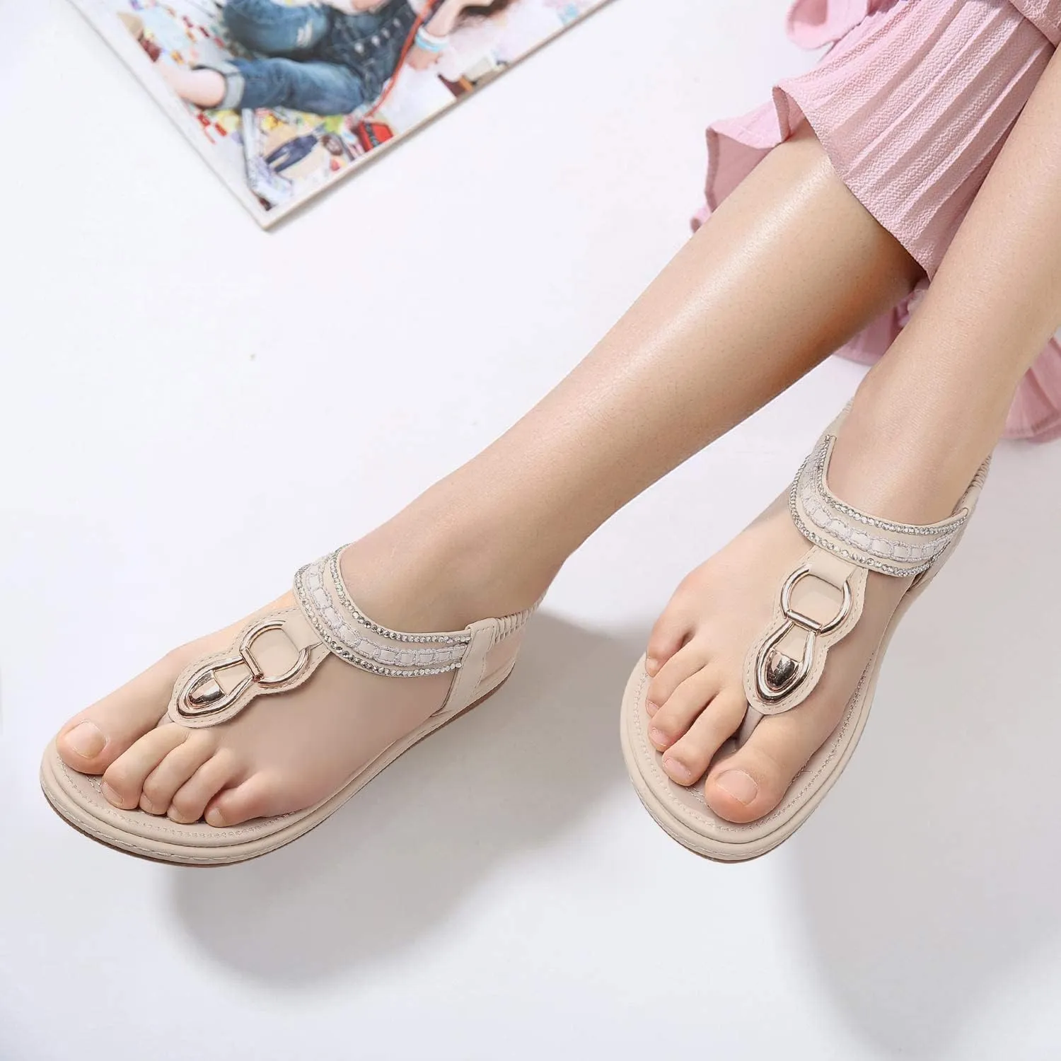 SHIBEVER Womens Sandals Dressy Summer: Women Comfortable Walking Flat Bohemian T-Strap Ladies Casual Comfy Sandals