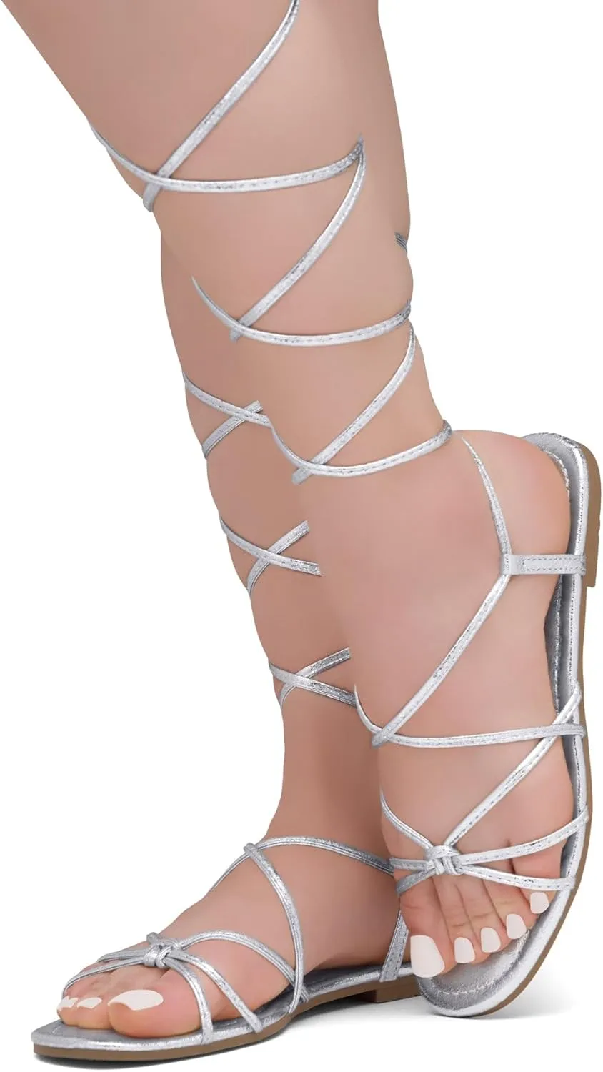 Shoe Land Flashh Women's Flat Strappy Lace Up Sandal Open Toe Comfortable Dressy Gladiator Sandals Tie up Ankle Strap Shoes for Summer