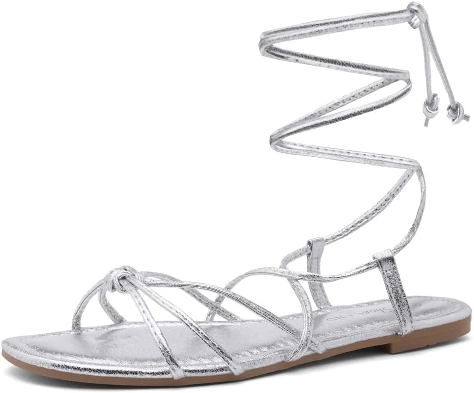 Shoe Land Flashh Women's Flat Strappy Lace Up Sandal Open Toe Comfortable Dressy Gladiator Sandals Tie up Ankle Strap Shoes for Summer