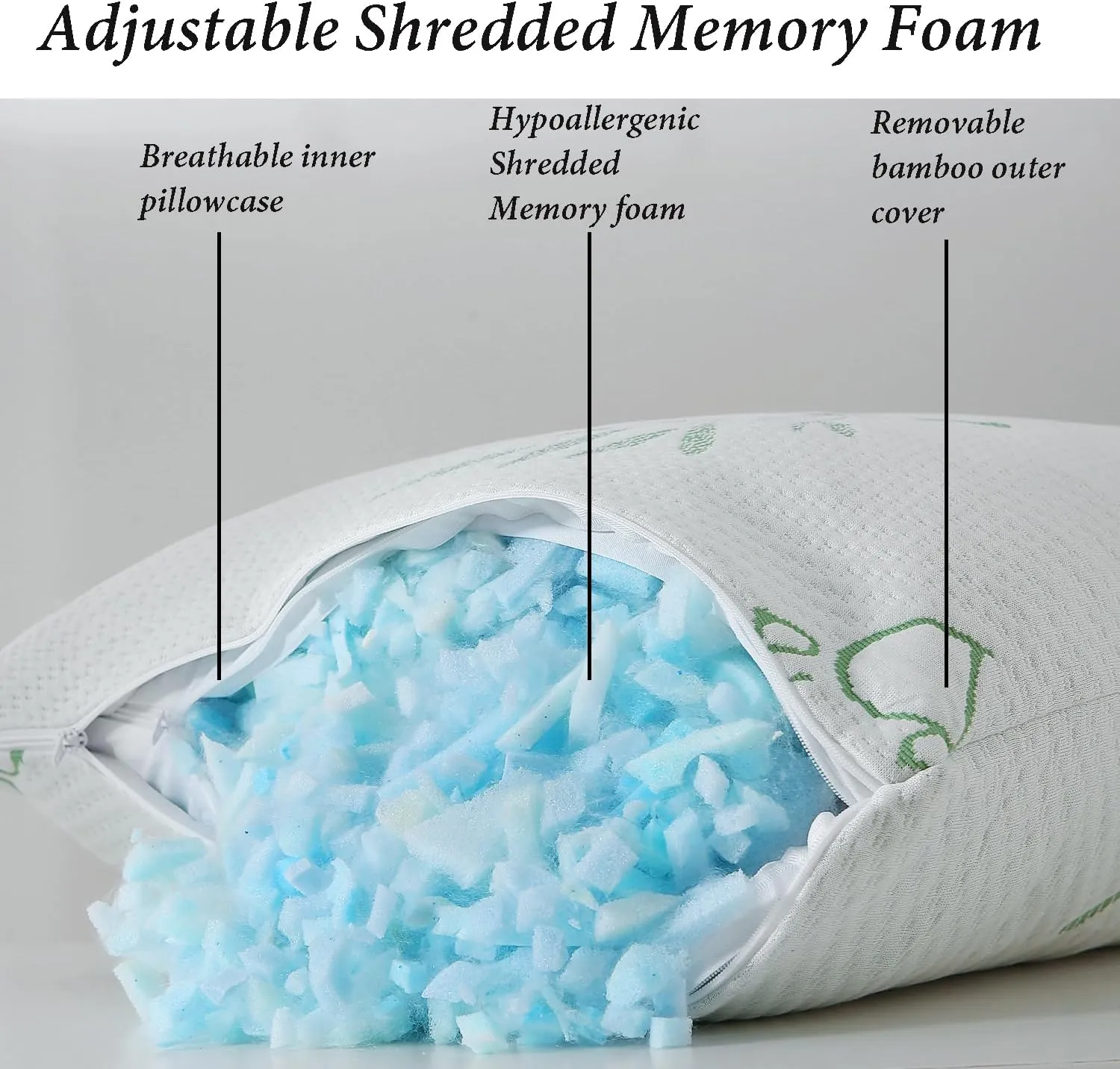 Shredded Memory Foam Pillows for Sleeping, Cooling Zippered Breathable Memory Foam Bed Pillow 2 Pack, Queen Size Firm Pillow Gel for Neck Support, Hotel Quality Bed Rest Pillow Set of 2