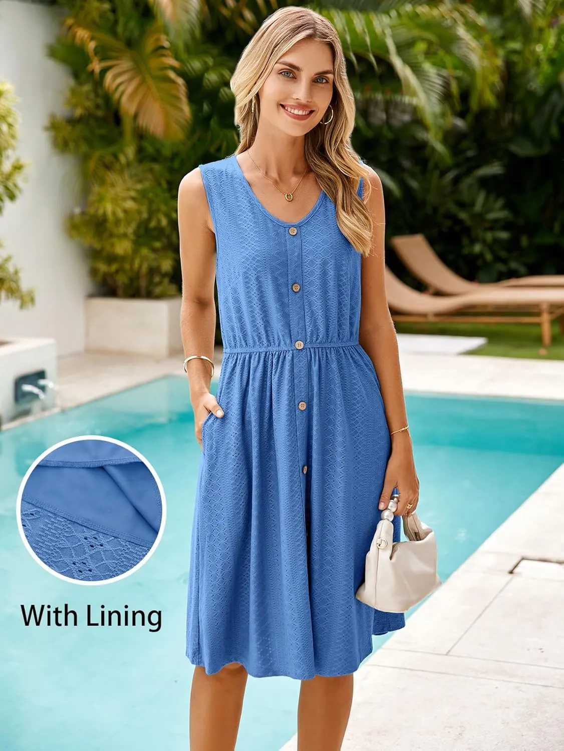 Simplee Womens Sleeveless Sundress Summer Casual Eyelet Button Down Short Dress Flowy Beach Tank Mini Dress with Pocket