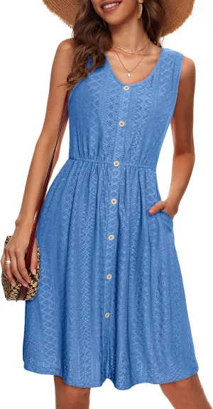 Simplee Womens Sleeveless Sundress Summer Casual Eyelet Button Down Short Dress Flowy Beach Tank Mini Dress with Pocket