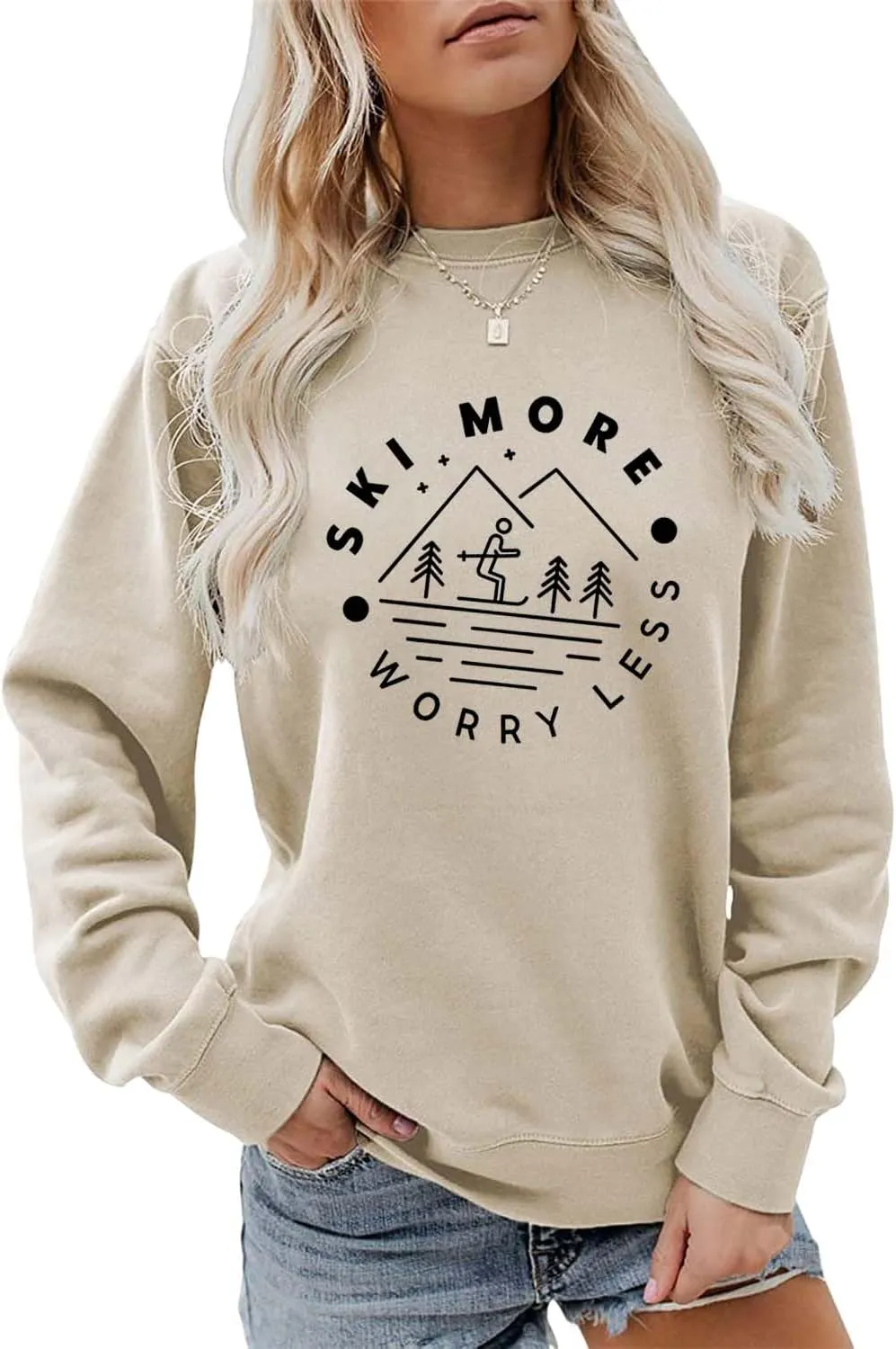 Ski More Worry Less Sweatshirt, Winter Sports Sweater Women Skiing Trip Shirt Crewneck Graphic Pullover Holiday Tops
