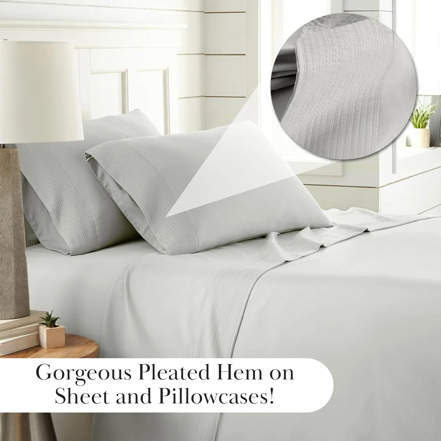 Southshore Fine Living, Inc. Sheet Set, King Size 4-Piece, 21" Extra Deep Pocket Pleated King Size Sheets | Flat Sheet, Fitted Sheet, 2 Pillowcases | Easy Care Microfiber Bedsheets | Light Grey