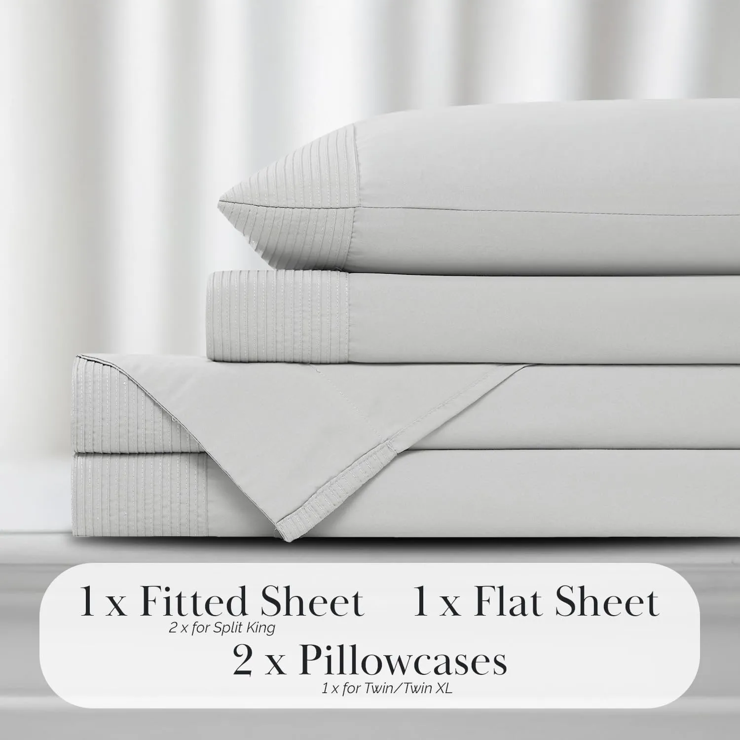 Southshore Fine Living, Inc. Sheet Set, King Size 4-Piece, 21" Extra Deep Pocket Pleated King Size Sheets | Flat Sheet, Fitted Sheet, 2 Pillowcases | Easy Care Microfiber Bedsheets | Light Grey