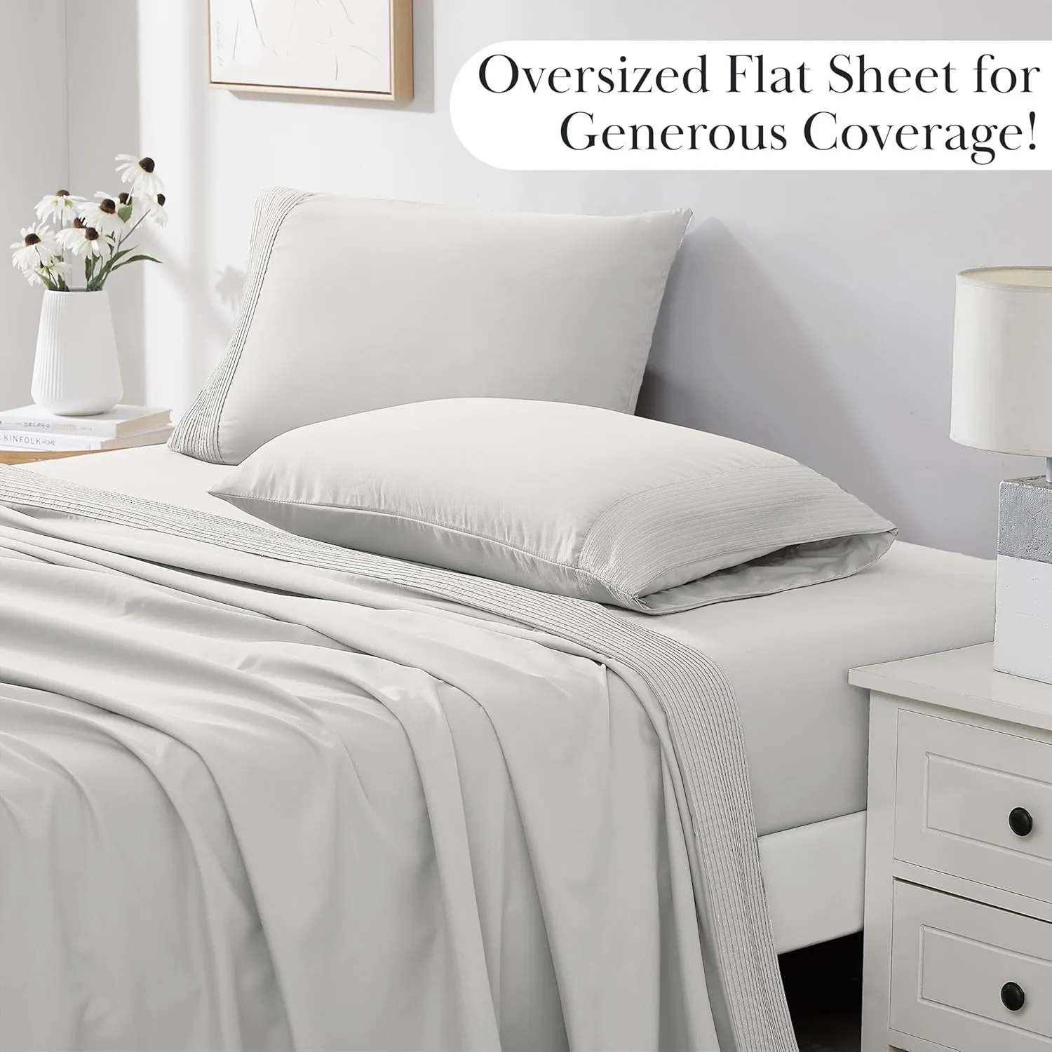 Southshore Fine Living, Inc. Sheet Set, King Size 4-Piece, 21" Extra Deep Pocket Pleated King Size Sheets | Flat Sheet, Fitted Sheet, 2 Pillowcases | Easy Care Microfiber Bedsheets | Light Grey