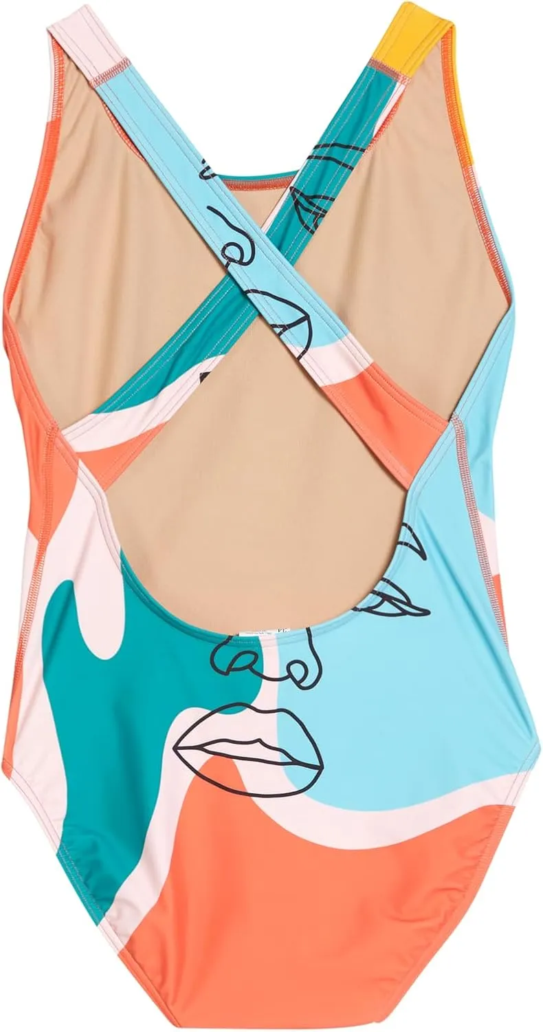 Sporti Wide Strap Girls' Athletic One-Piece Swimsuit – Printed Pattern Competitive Bathing Suit, Racerback Style for Girls