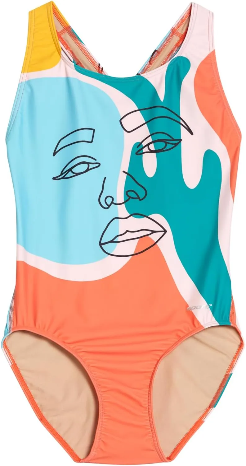 Sporti Wide Strap Girls' Athletic One-Piece Swimsuit – Printed Pattern Competitive Bathing Suit, Racerback Style for Girls