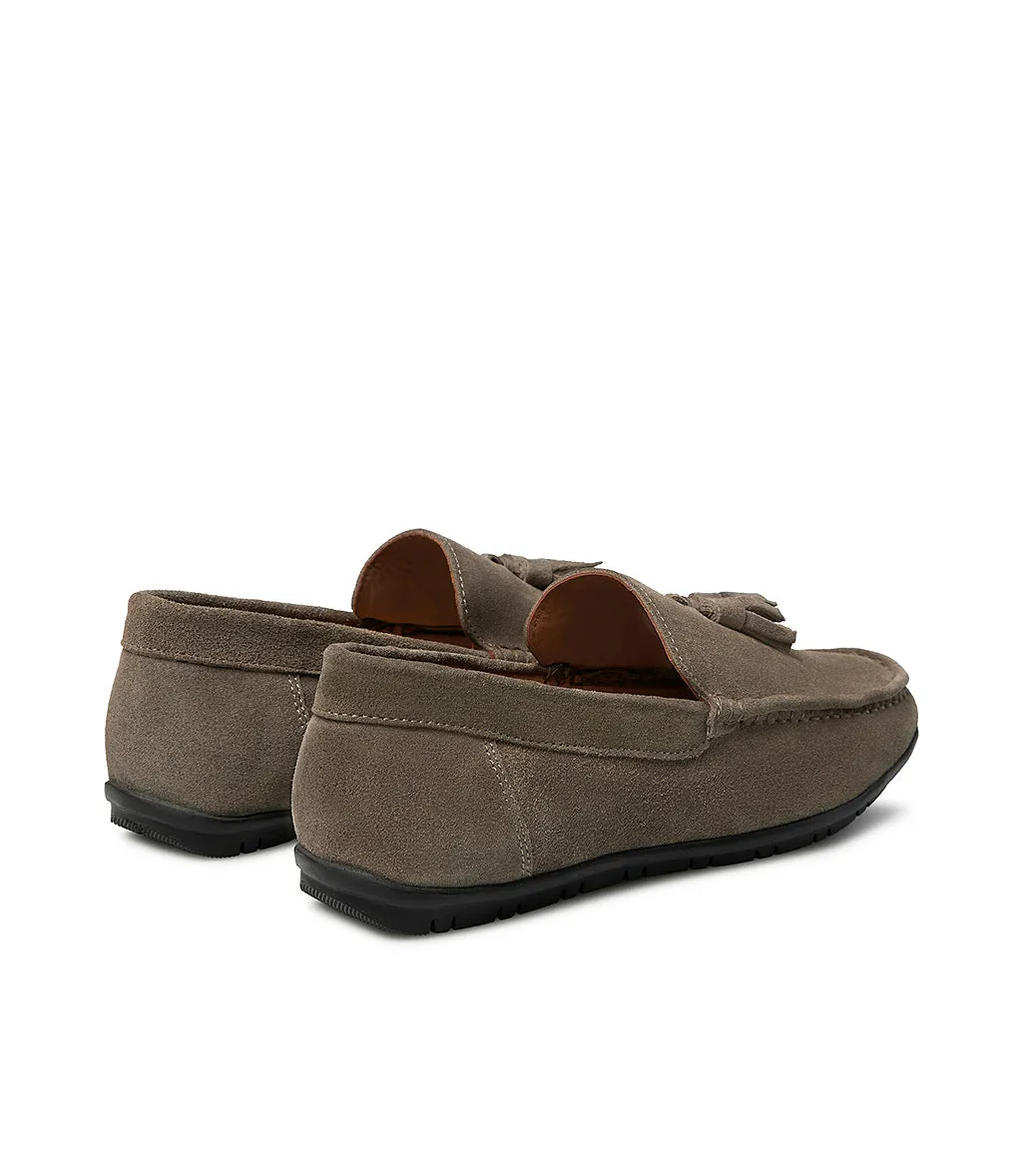 Taupe suede loafer with tassels