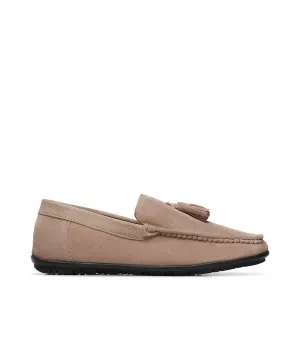 Taupe suede loafer with tassels