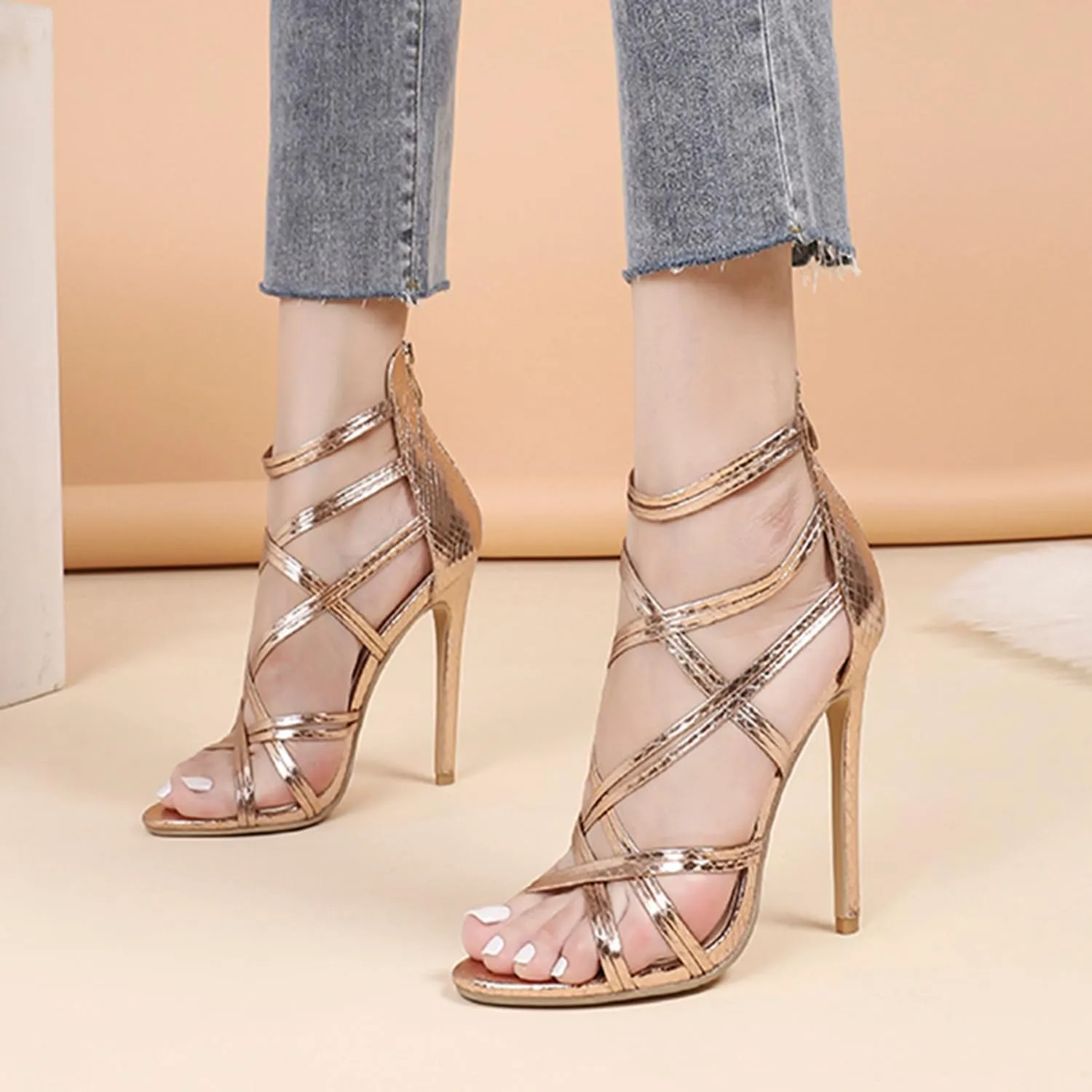 TDA Womens Criss Cross Strappy Sandals Zip Stiletto Heel Sexy Dress Wedding Party Shoes