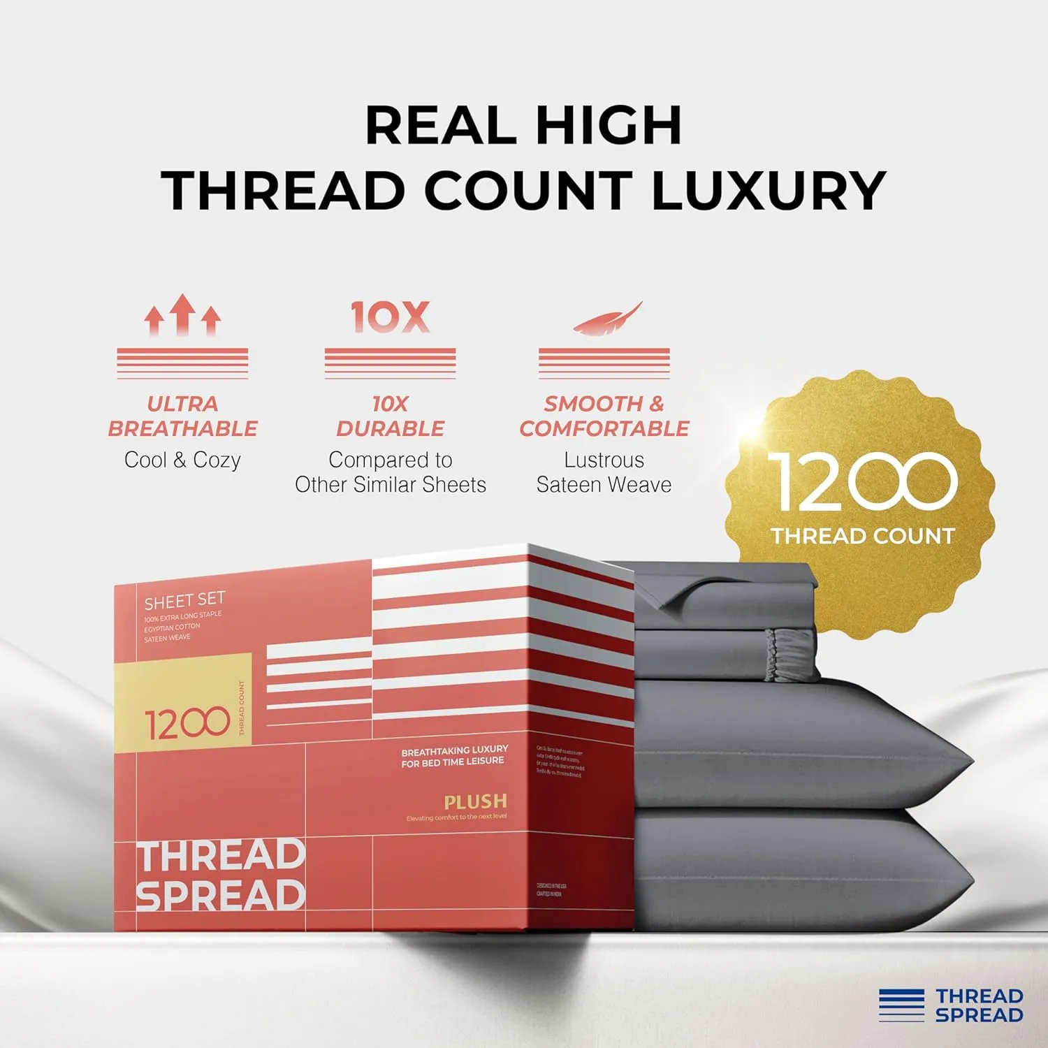 THREAD SPREAD 100% Egyptian Cotton Sheets Queen Size - 1200 Thread Count 4 PC Queen Sheet Set Egyptian Cotton, Sateen Luxury Sheets Queen Size, High Thread Count Sheets, 17" Deep Pocket - Dark Grey
