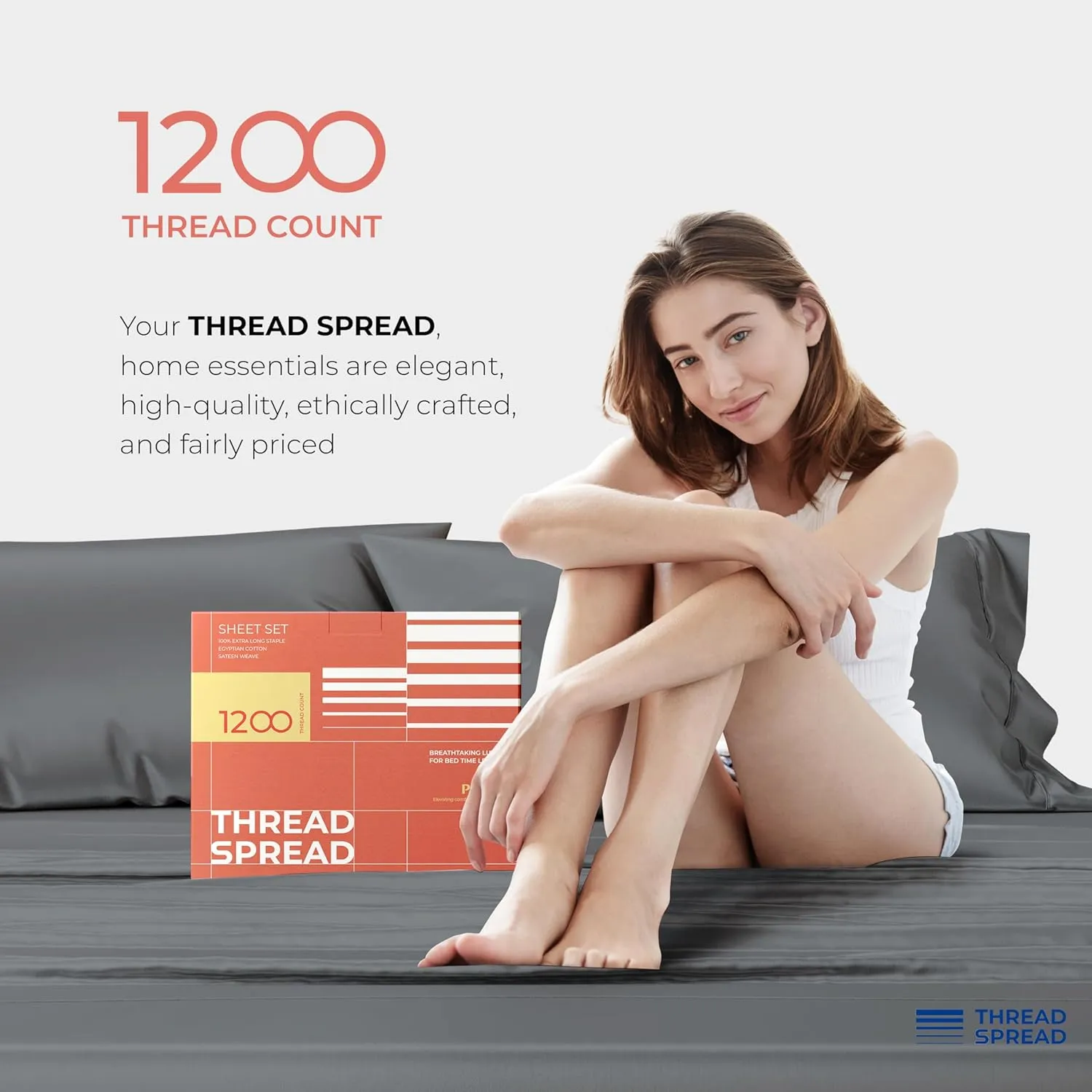 THREAD SPREAD 100% Egyptian Cotton Sheets Queen Size - 1200 Thread Count 4 PC Queen Sheet Set Egyptian Cotton, Sateen Luxury Sheets Queen Size, High Thread Count Sheets, 17" Deep Pocket - Dark Grey