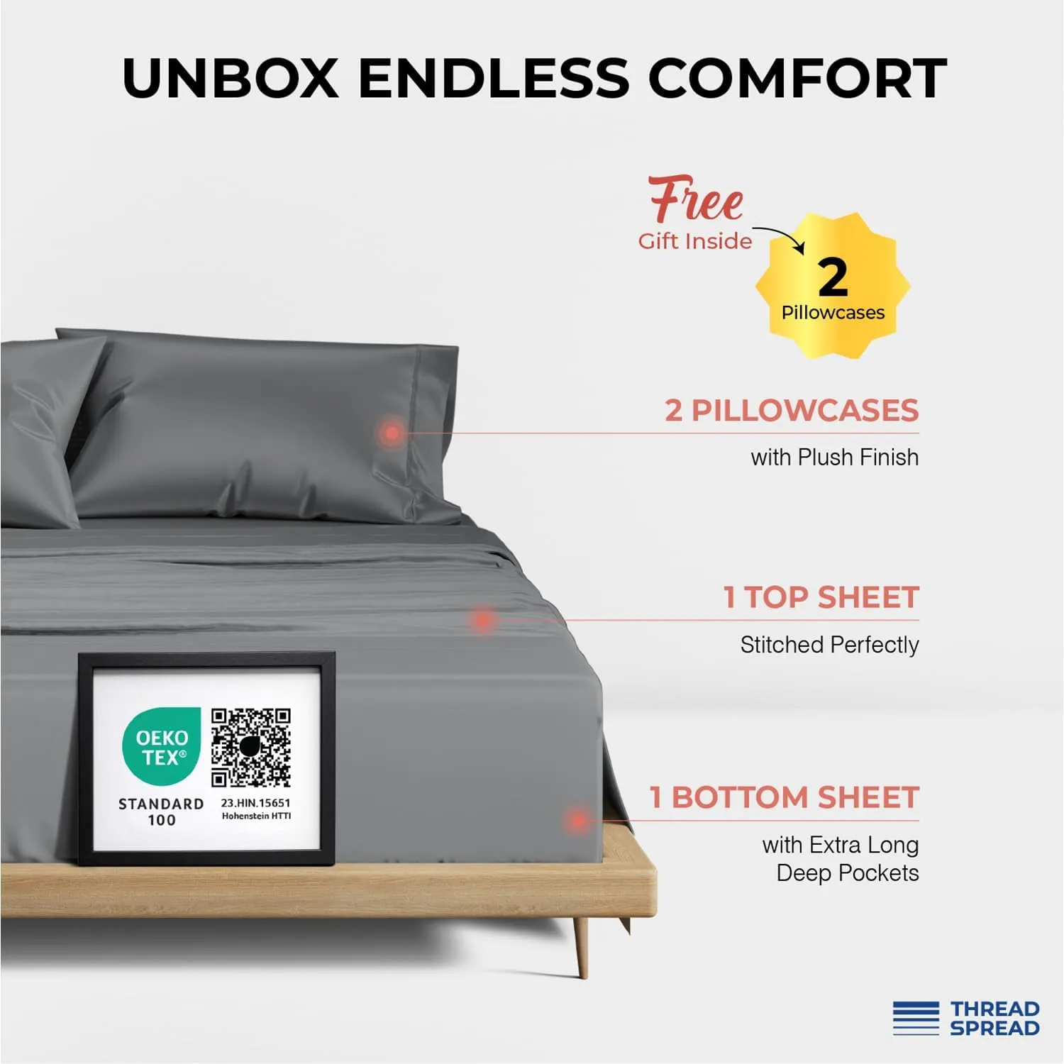 THREAD SPREAD 100% Egyptian Cotton Sheets Queen Size - 1200 Thread Count 4 PC Queen Sheet Set Egyptian Cotton, Sateen Luxury Sheets Queen Size, High Thread Count Sheets, 17" Deep Pocket - Dark Grey