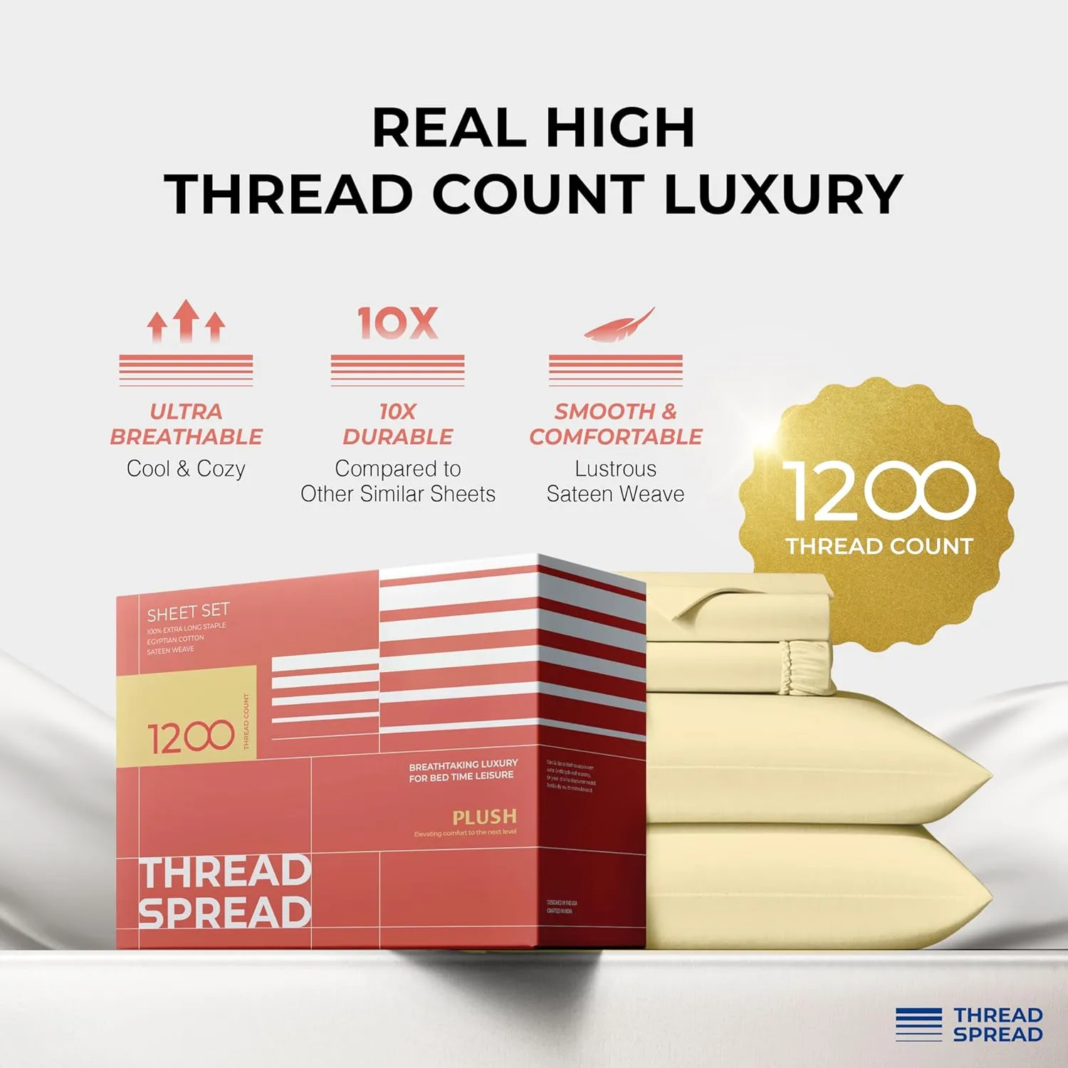 THREAD SPREAD 100% Egyptian Cotton Sheets Queen Size - 1200 Thread Count 4 PC Queen Sheet Set Egyptian Cotton, Sateen Weave Luxury Sheets Queen Size, High Thread Count Sheets, 17" Deep Pocket - Beige