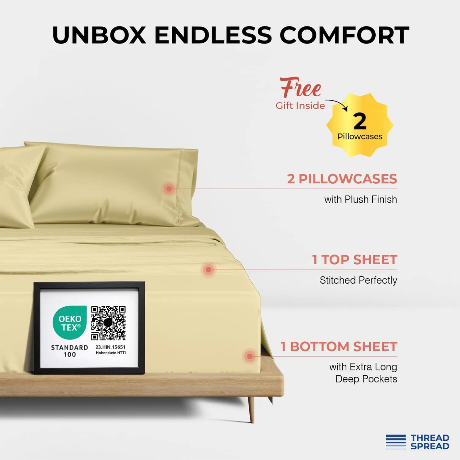 THREAD SPREAD 100% Egyptian Cotton Sheets Queen Size - 1200 Thread Count 4 PC Queen Sheet Set Egyptian Cotton, Sateen Weave Luxury Sheets Queen Size, High Thread Count Sheets, 17" Deep Pocket - Beige