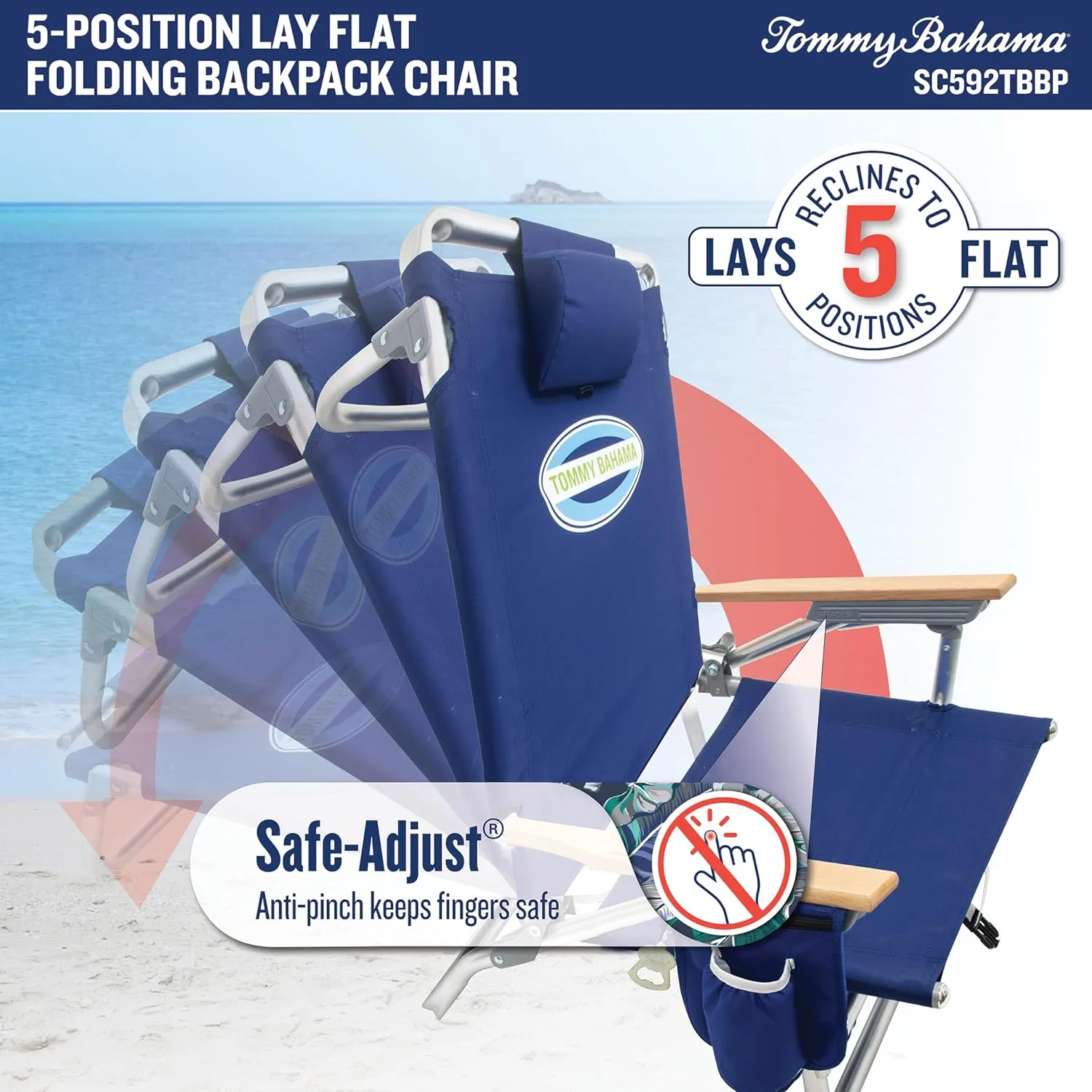 Tommy Bahama 5-Position Classic Lay Flat Folding Backpack Beach Chair, Blue and Green Stripe , 23" x 25.25" x 31.5"