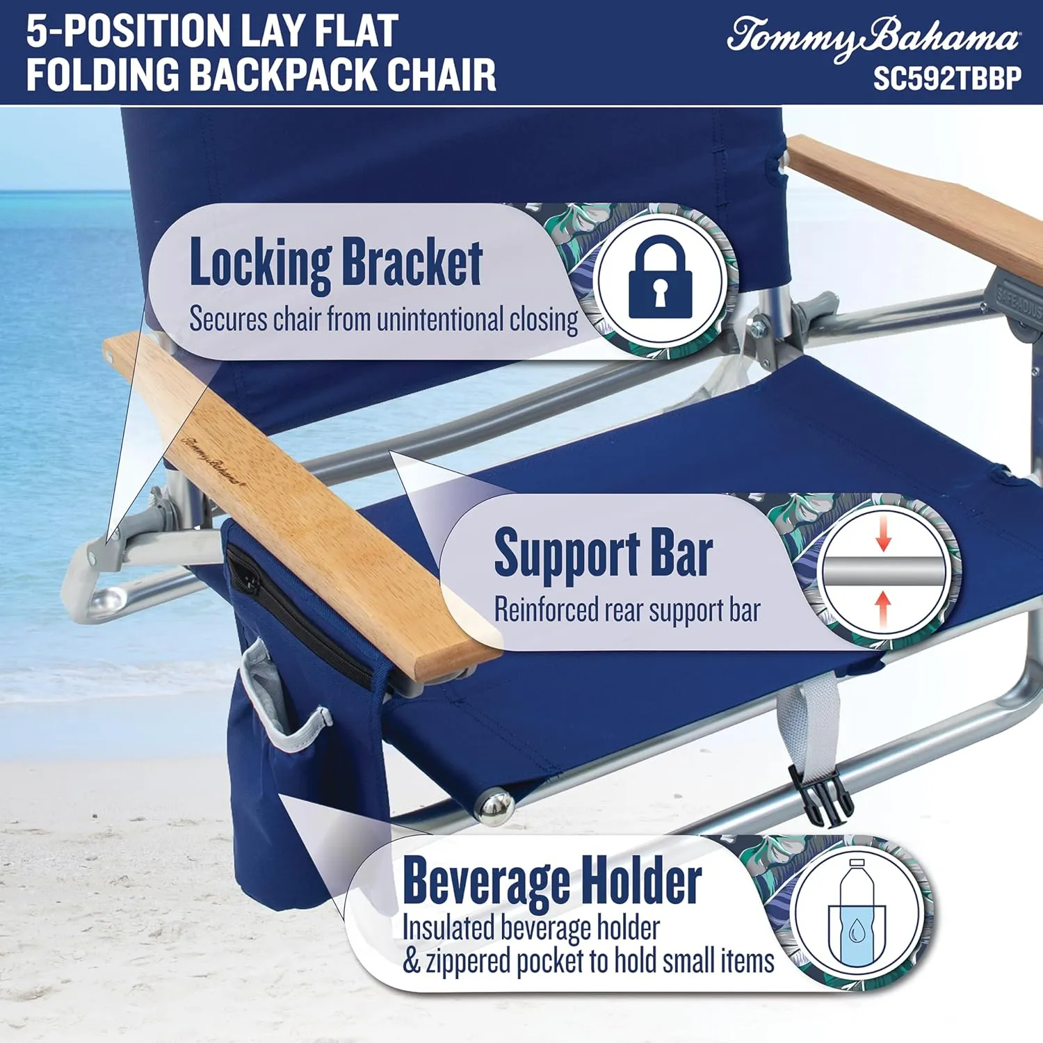 Tommy Bahama 5-Position Classic Lay Flat Folding Backpack Beach Chair, Blue and Green Stripe , 23" x 25.25" x 31.5"