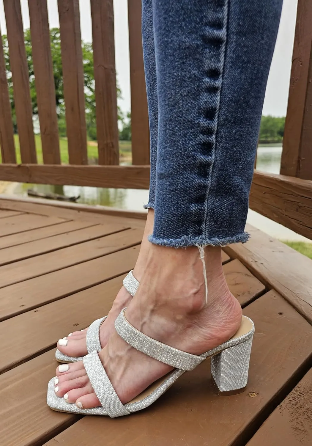 TruFox Womens Chunky Block Heels Square Open Toe heels Comfortable Two Strap Slip On Slides for Prom Wedding party Dress Shoes