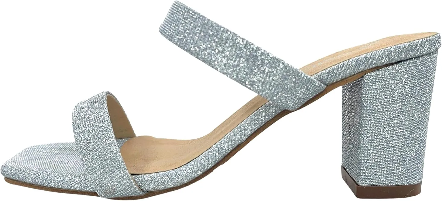 TruFox Womens Chunky Block Heels Square Open Toe heels Comfortable Two Strap Slip On Slides for Prom Wedding party Dress Shoes