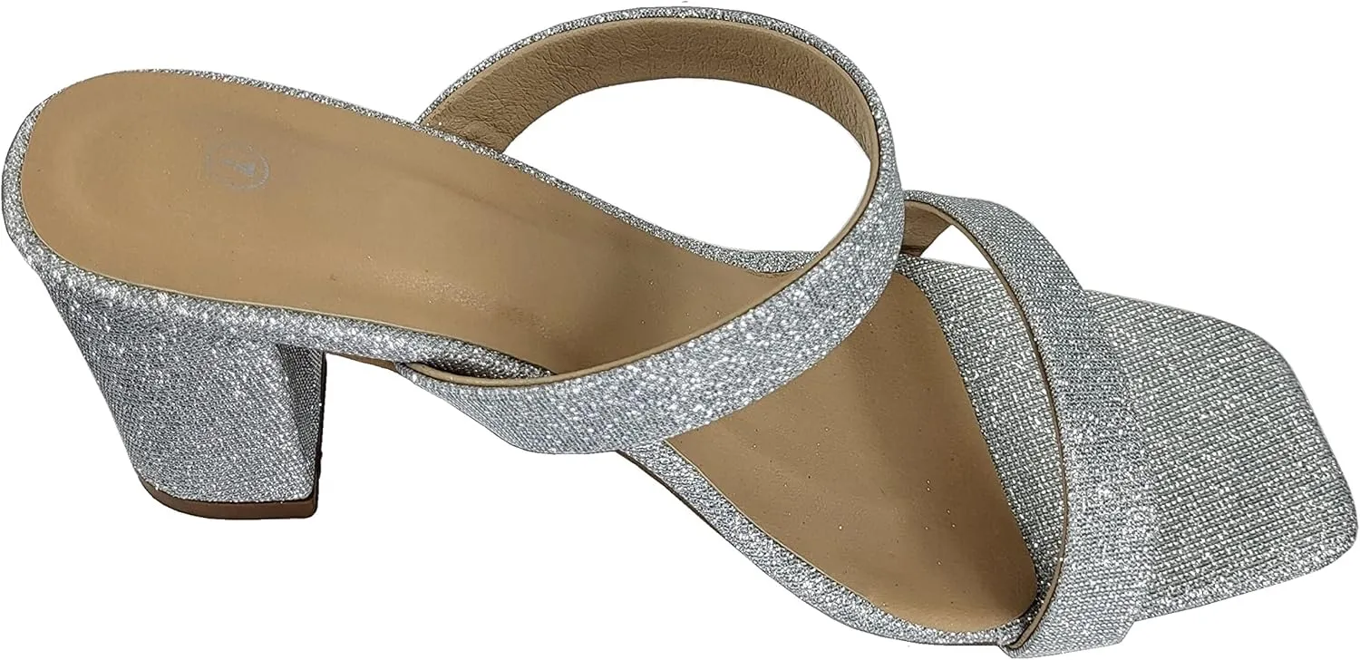 TruFox Womens Chunky Block Heels Square Open Toe heels Comfortable Two Strap Slip On Slides for Prom Wedding party Dress Shoes