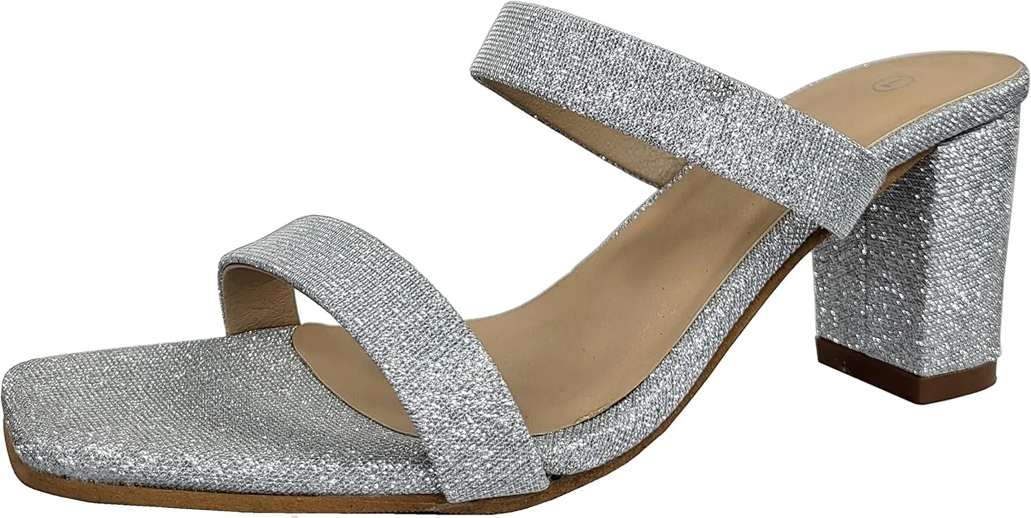 TruFox Womens Chunky Block Heels Square Open Toe heels Comfortable Two Strap Slip On Slides for Prom Wedding party Dress Shoes