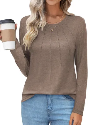UEU Womens Long Sleeve Tops Crew Neck Casual Pleated Shirts Fashion Dressy Tunic Blouses 2025 Trendy Fall Clothes