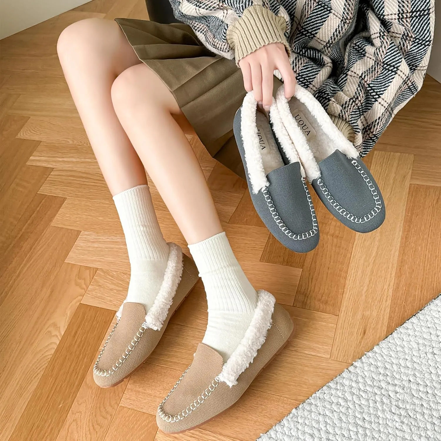 UOUA Women's Knit Moccasin Slippers for Indoor Outdoor Faux Fur House Slippers Fuzzy Slip-on Loafers Winter Shoes