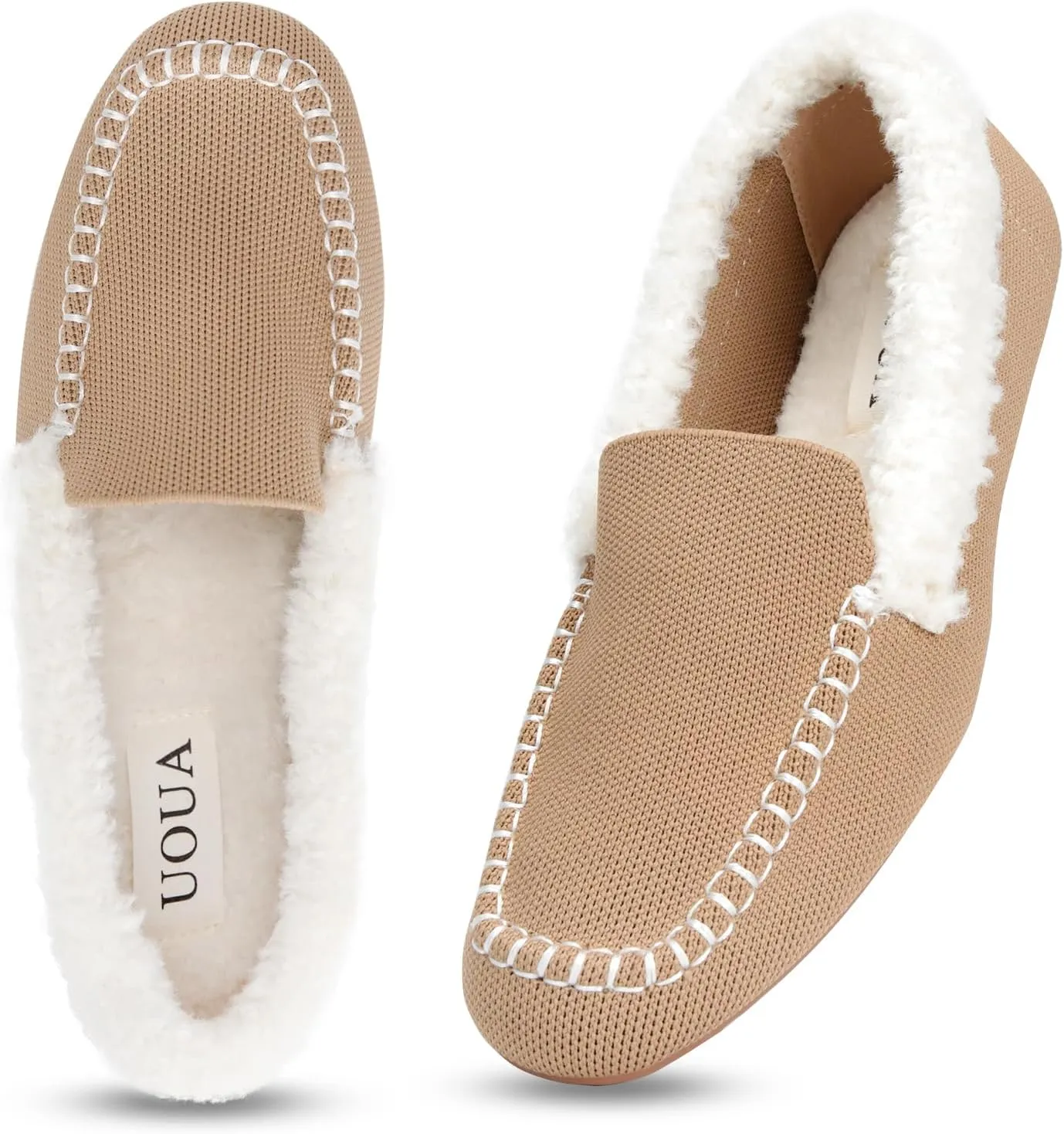 UOUA Women's Knit Moccasin Slippers for Indoor Outdoor Faux Fur House Slippers Fuzzy Slip-on Loafers Winter Shoes