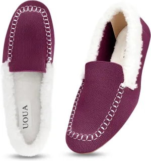 UOUA Women's Knit Moccasin Slippers for Indoor Outdoor Faux Fur House Slippers Fuzzy Slip-on Loafers Winter Shoes