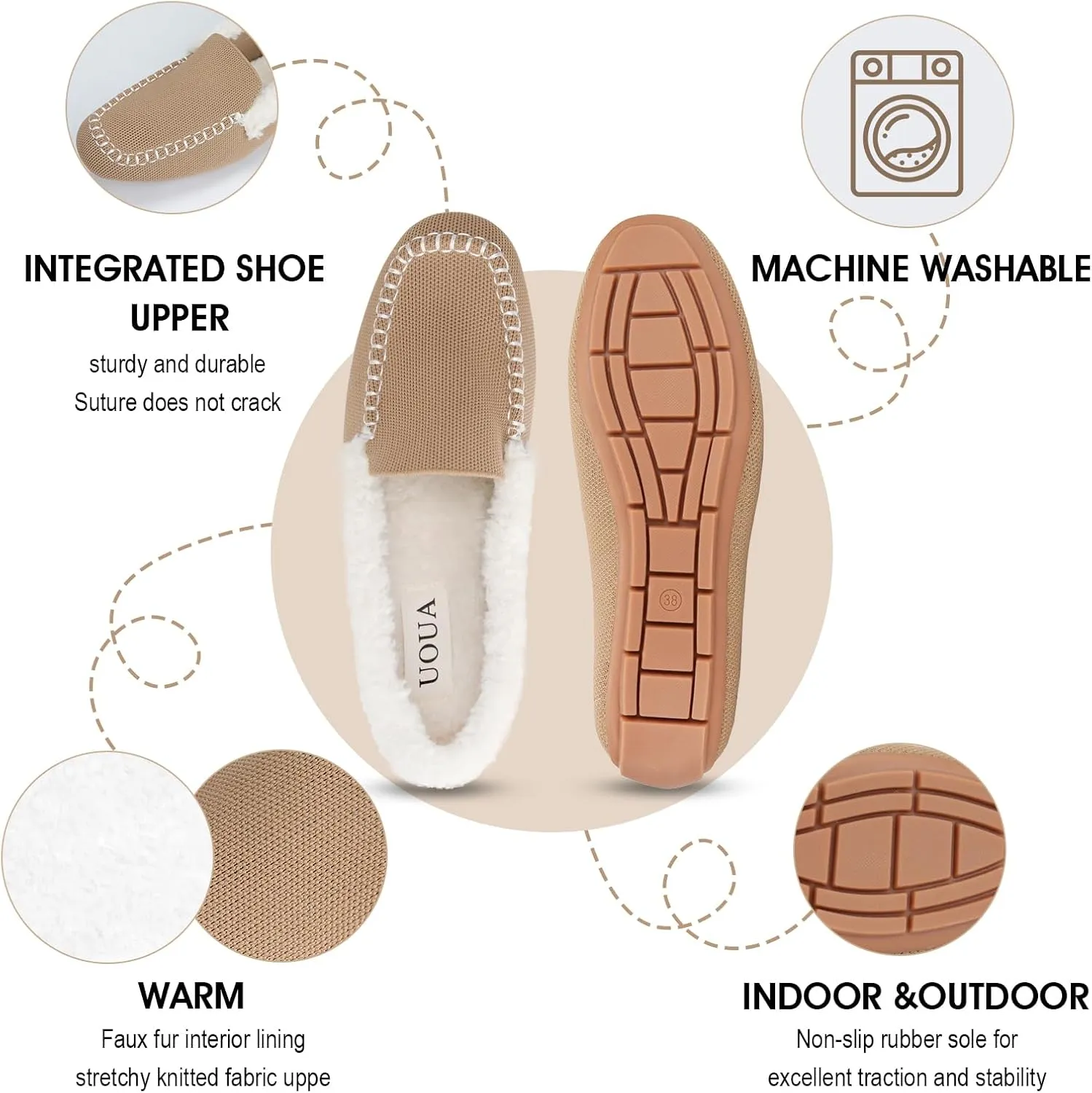 UOUA Women's Knit Moccasin Slippers for Indoor Outdoor Faux Fur House Slippers Fuzzy Slip-on Loafers Winter Shoes