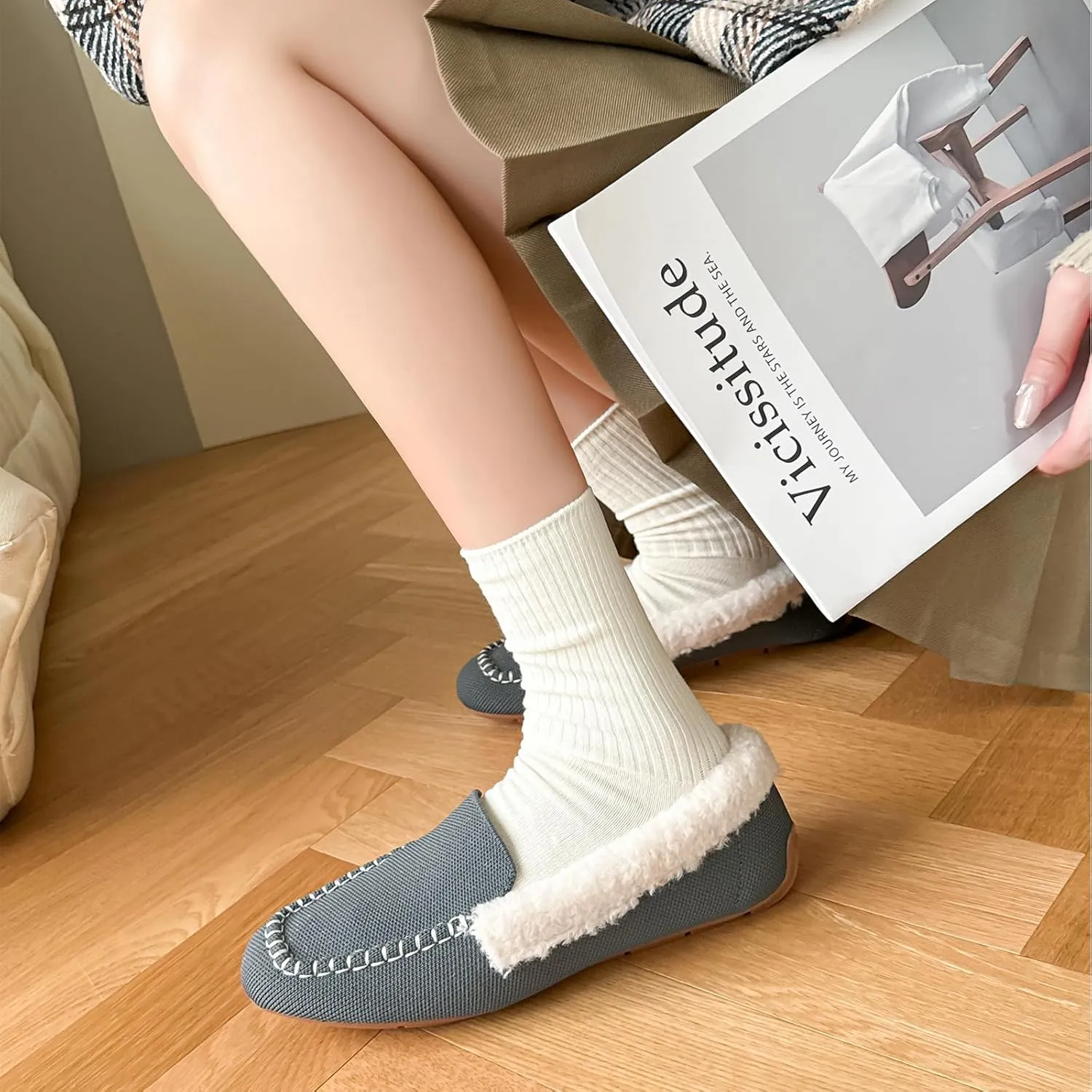 UOUA Women's Knit Moccasin Slippers for Indoor Outdoor Faux Fur House Slippers Fuzzy Slip-on Loafers Winter Shoes