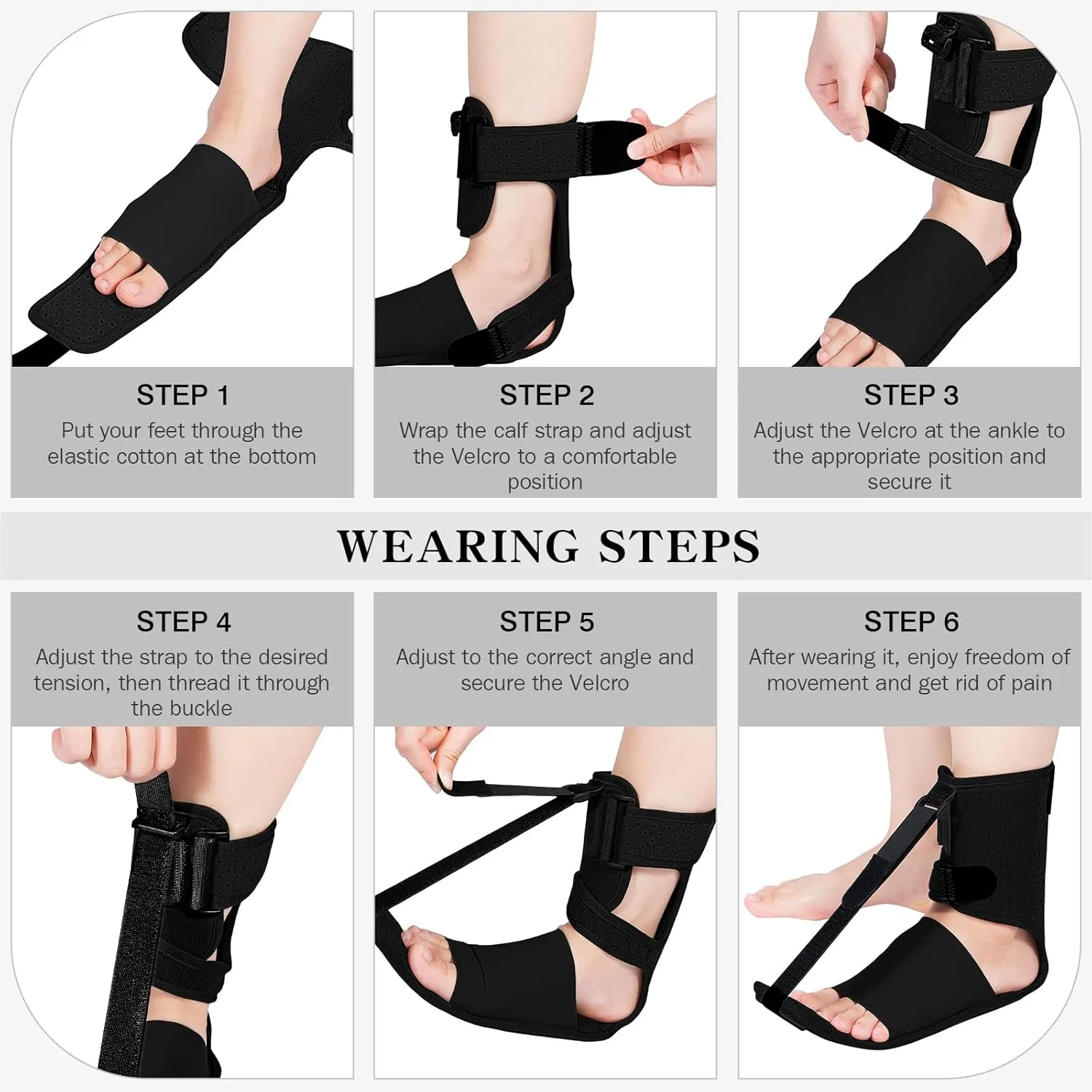 Upgraded Plantar Fasciitis Night Splint, Adjustable Straps Plantar Fasciitis Relief, Supportive Foot Braces with Arch Cushion for Achilles Tendonitis, Foot Drop & Heel Spur Pain Relief Day & Night (Black-Plus)