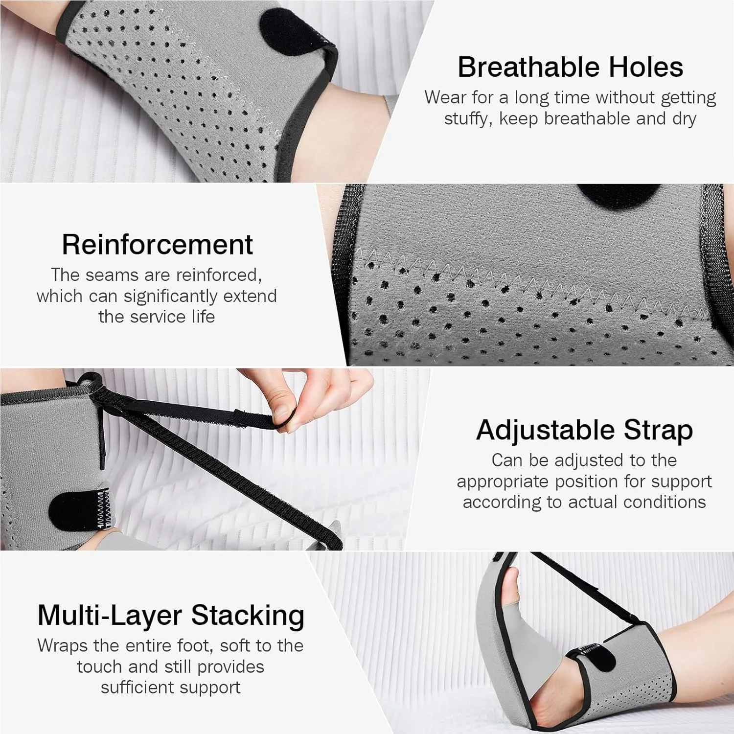 Upgraded Plantar Fasciitis Night Splint, Adjustable Straps Plantar Fasciitis Relief, Supportive Foot Braces with Arch Cushion for Achilles Tendonitis, Foot Drop & Heel Spur Pain Relief Day & Night (Grey-Black Trim)