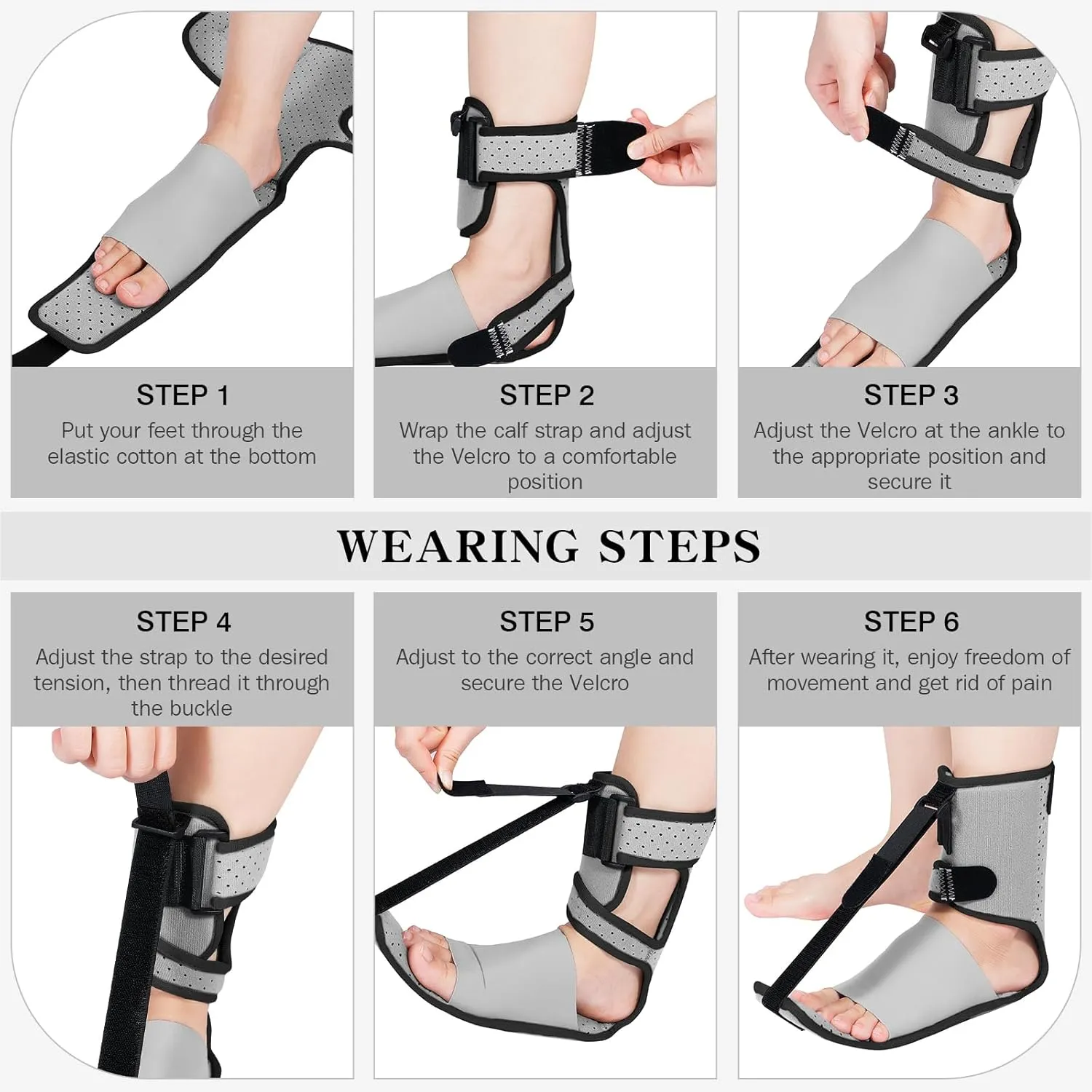 Upgraded Plantar Fasciitis Night Splint, Adjustable Straps Plantar Fasciitis Relief, Supportive Foot Braces with Arch Cushion for Achilles Tendonitis, Foot Drop & Heel Spur Pain Relief Day & Night (Grey-Black Trim)