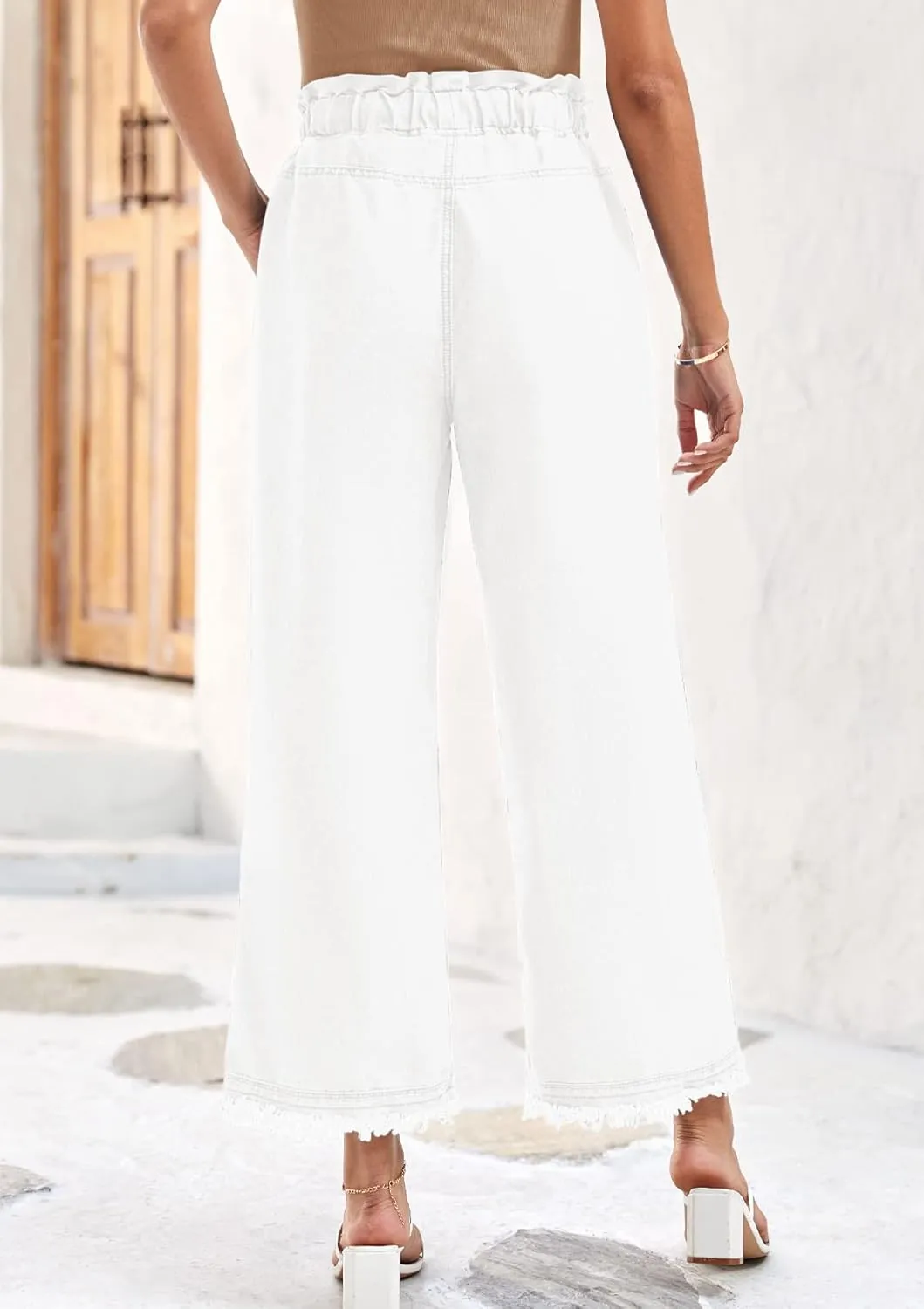 Valphsio Women's Baggy Wide Leg Jeans Tie Waist Chambray Culottes Tassel Pants Crop Length