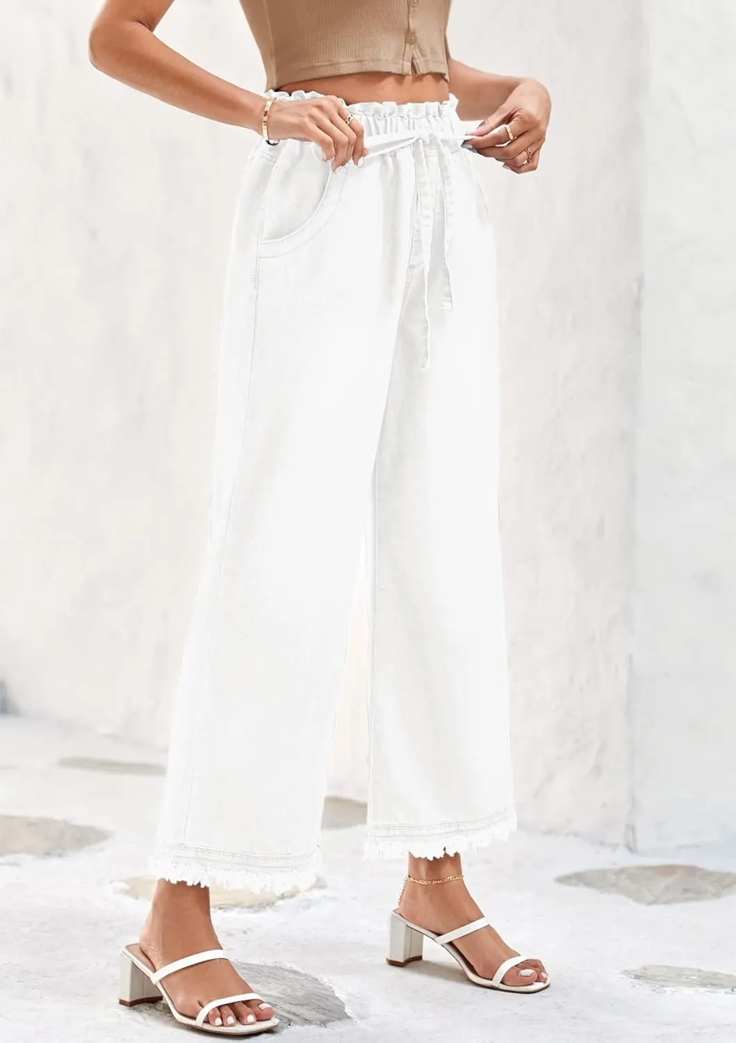 Valphsio Women's Baggy Wide Leg Jeans Tie Waist Chambray Culottes Tassel Pants Crop Length