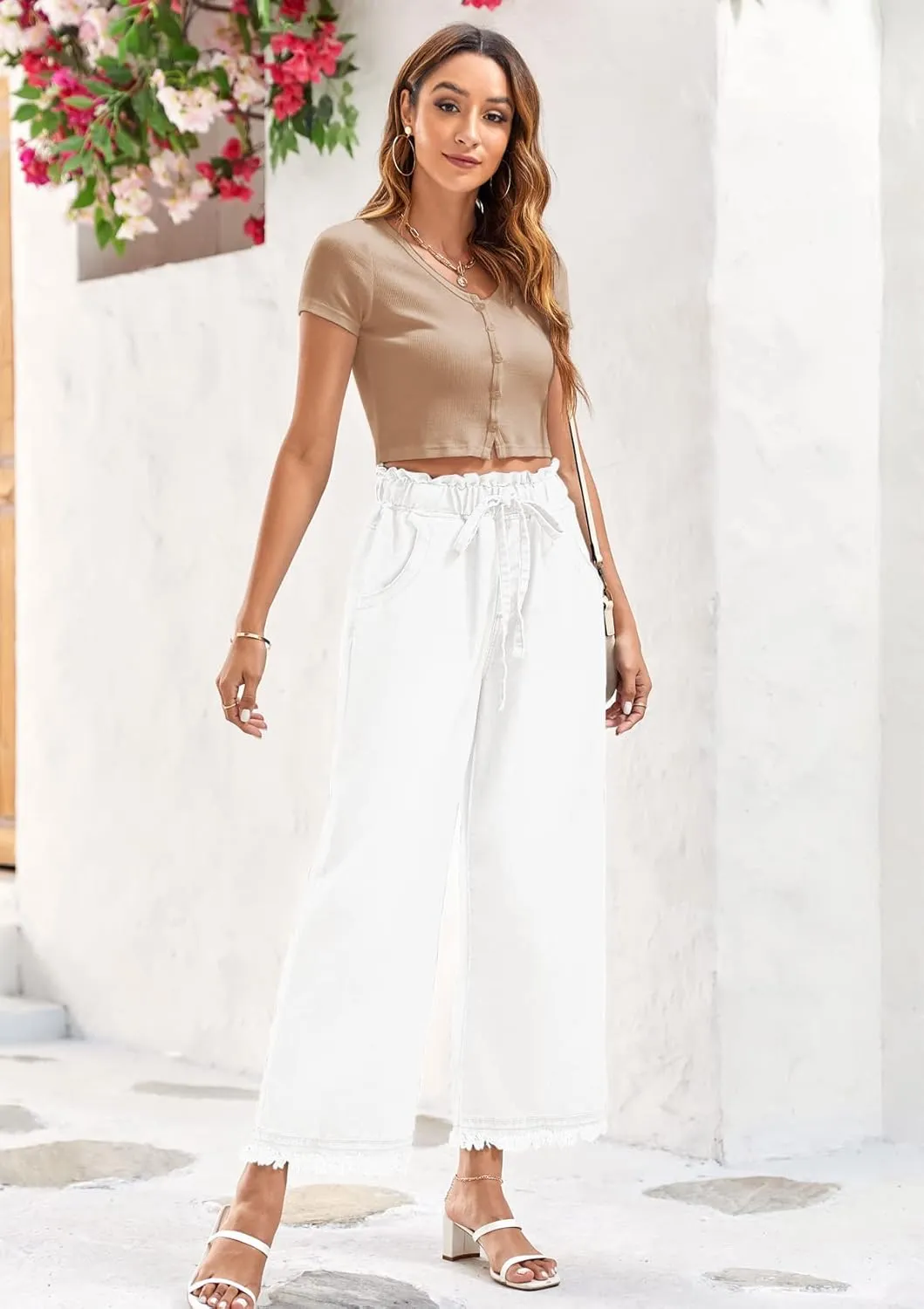 Valphsio Women's Baggy Wide Leg Jeans Tie Waist Chambray Culottes Tassel Pants Crop Length