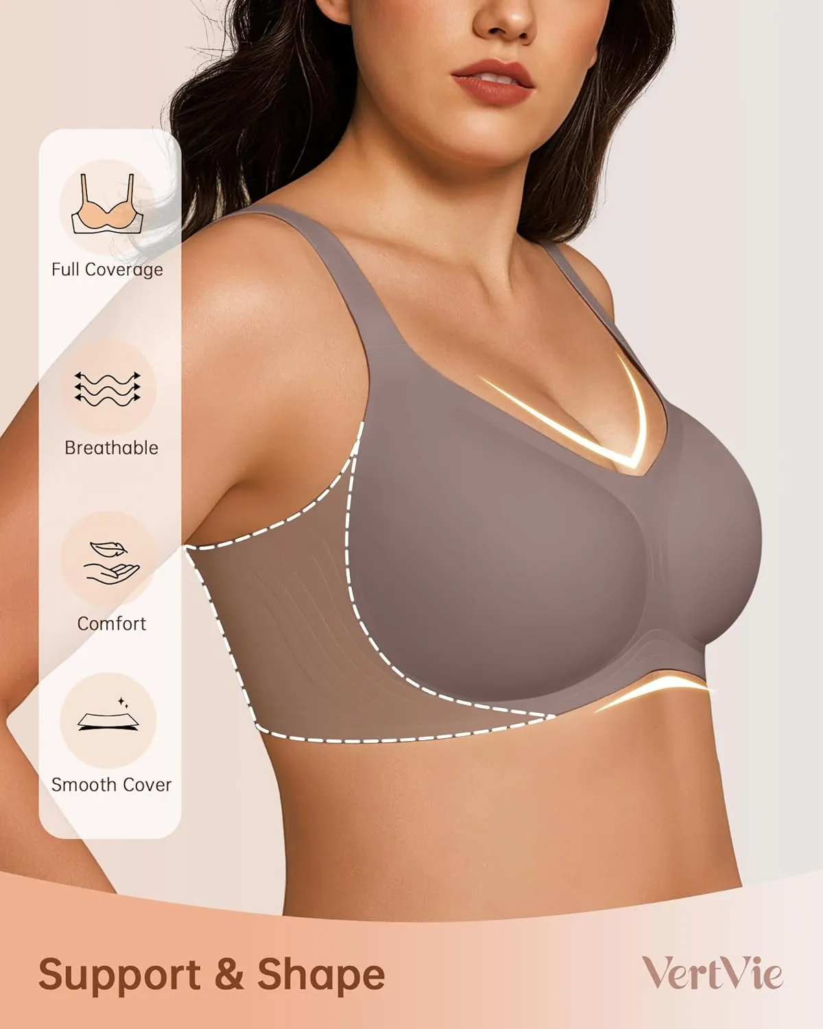 Vertvie Bras for Women No Underwire Wireless Support Bra Underarm-Smoothing Seamless Push Up Full Coverage T-Shirt Sports Bra
