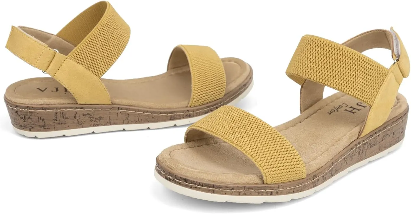 VJH confort Women’s Flat Sandals Open Toe Elastic Ankle Strap Slip on Comfy Low Wedge Sandals