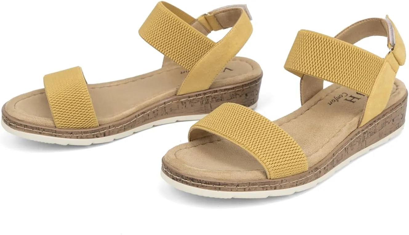 VJH confort Women’s Flat Sandals Open Toe Elastic Ankle Strap Slip on Comfy Low Wedge Sandals