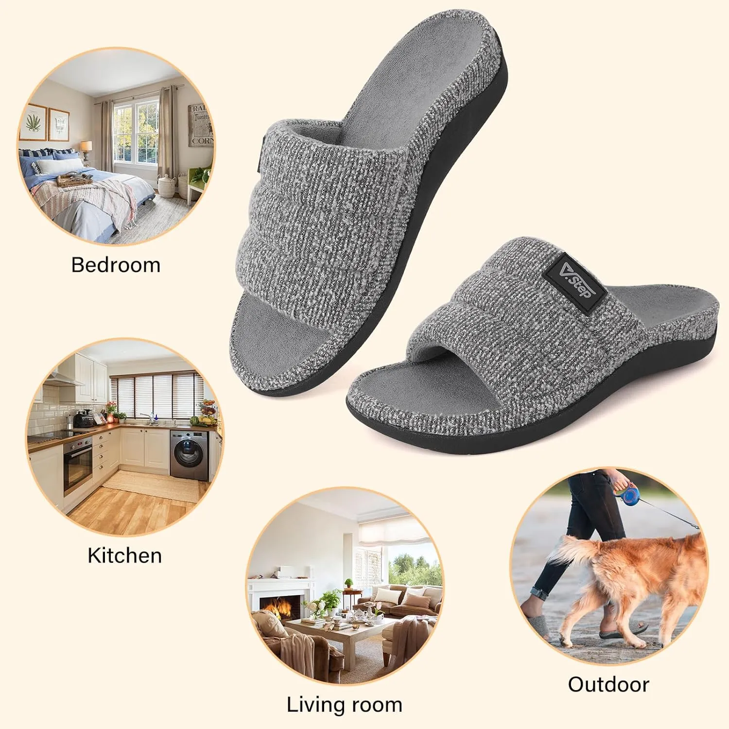 V.Step Orthopedic Slippers with Arch Support for Women Men, Orthotic Bedroom Slippers Slides for Plantar Fasciitis,Open Toe Slip on House Shoes Indoor Outdoor for Ladies, Foot Pain Relief