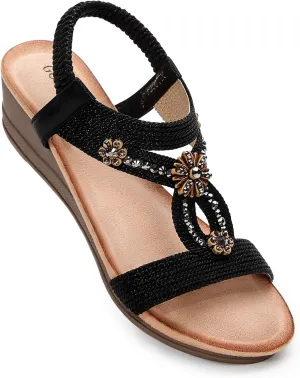 Wedge Sandals for Women Dressy, Comfortable Low Wedges Heels Ankle Strap Elastic Sandal Flower Rhinestones