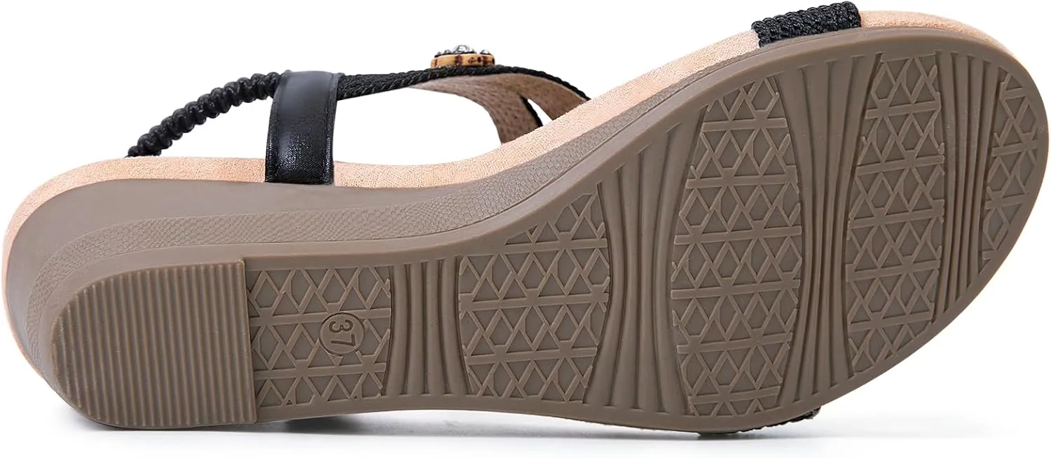 Wedge Sandals for Women Dressy, Comfortable Low Wedges Heels Ankle Strap Elastic Sandal Flower Rhinestones
