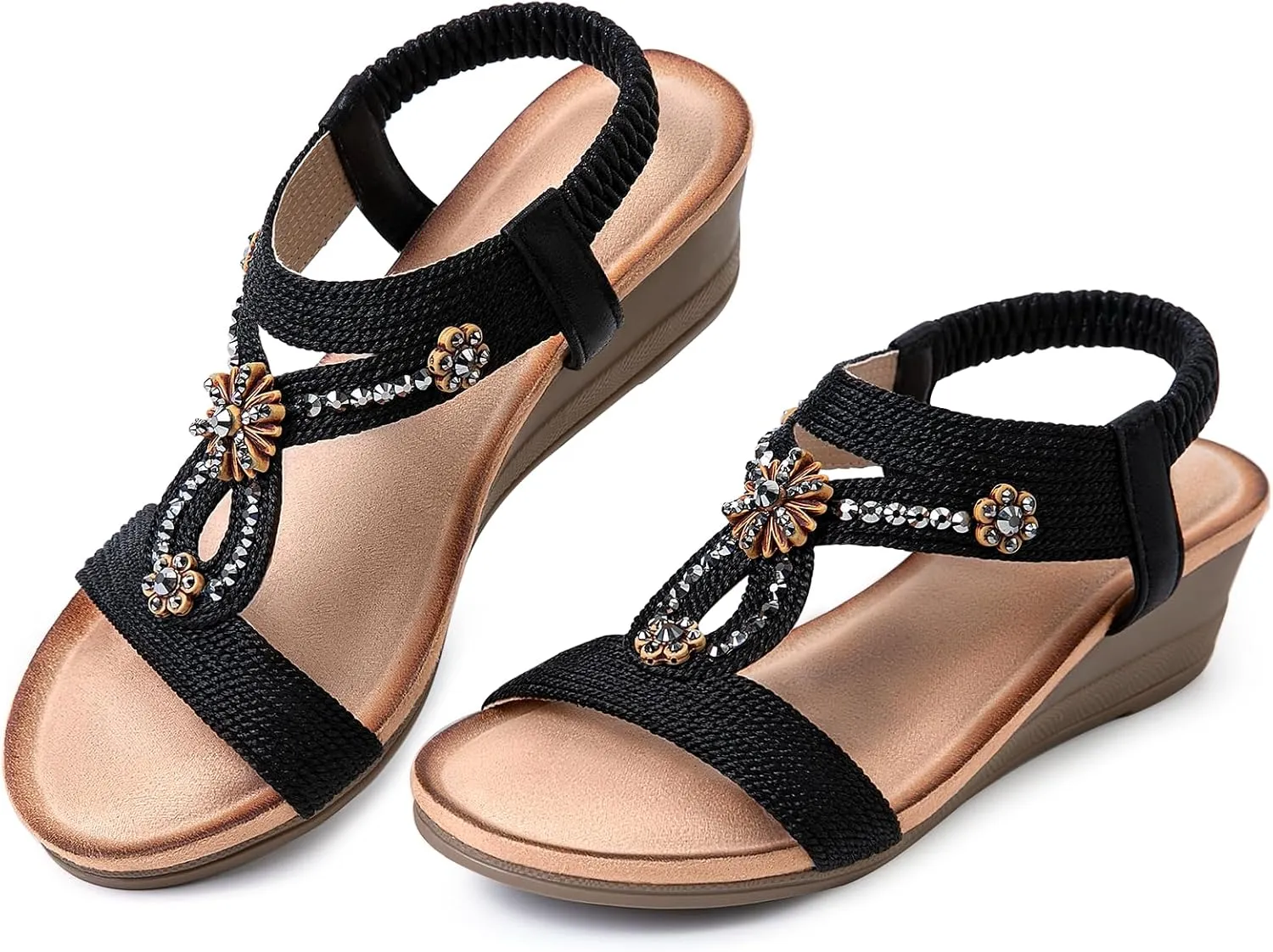 Wedge Sandals for Women Dressy, Comfortable Low Wedges Heels Ankle Strap Elastic Sandal Flower Rhinestones