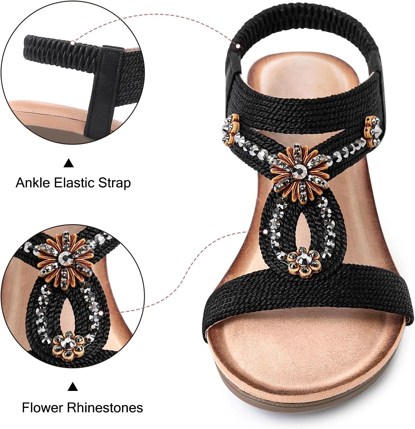 Wedge Sandals for Women Dressy, Comfortable Low Wedges Heels Ankle Strap Elastic Sandal Flower Rhinestones